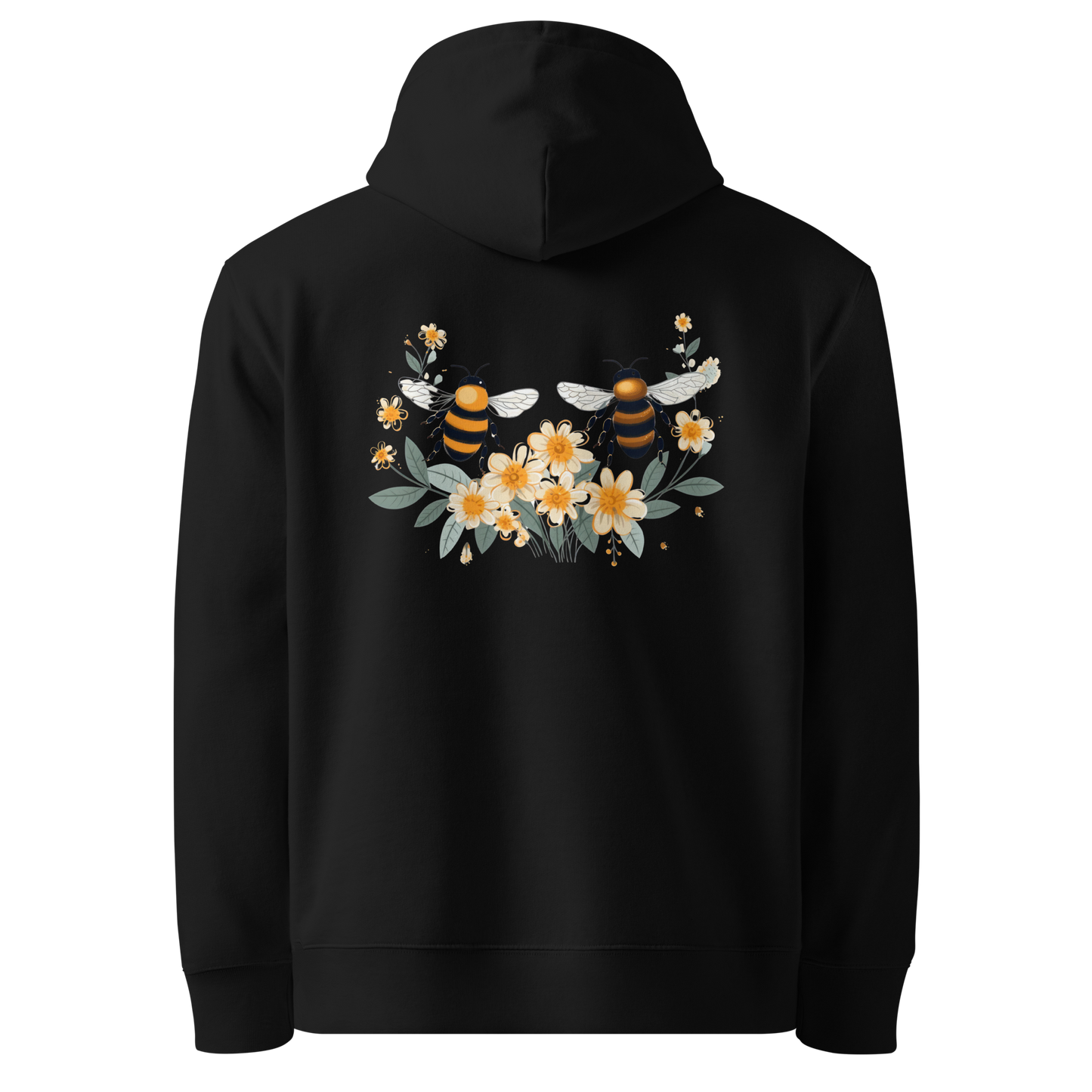 Baksida av en svart unisex ekologisk hoodie med tryck av två bin och gula blommor.
Back view of black unisex organic hoodie with a print of two bees and yellow flowers.