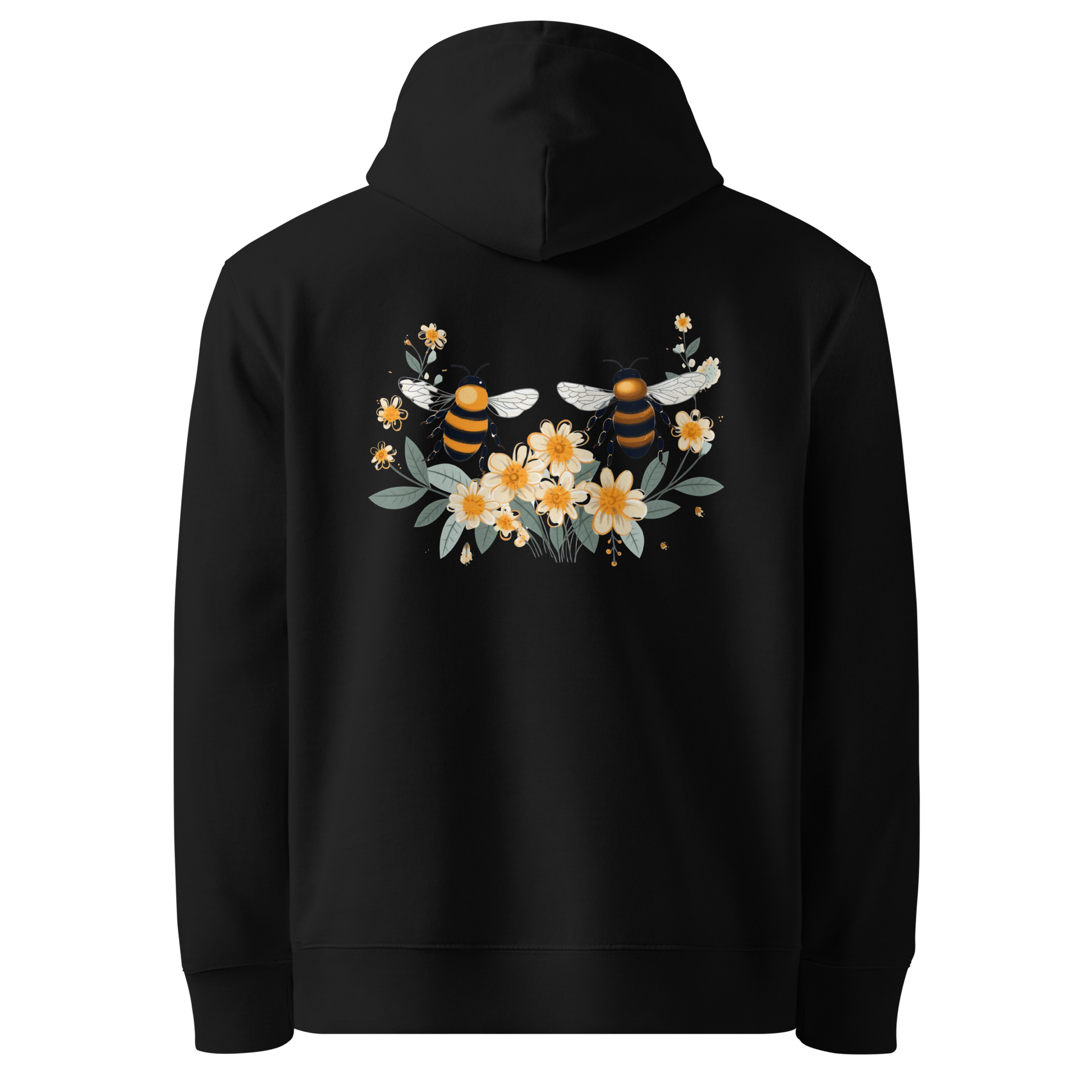 Baksida av en svart unisex ekologisk hoodie med tryck av två bin och gula blommor.
Back view of black unisex organic hoodie with a print of two bees and yellow flowers.