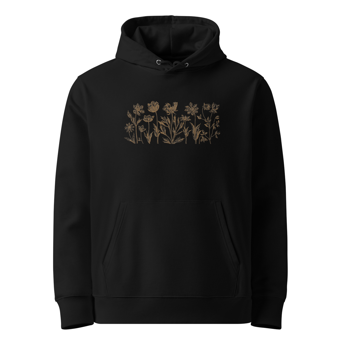 Unisex ekologisk hoodie i svart med broderade blommor framtill
Unisex organic hoodie in black with embroidered flowers on the front