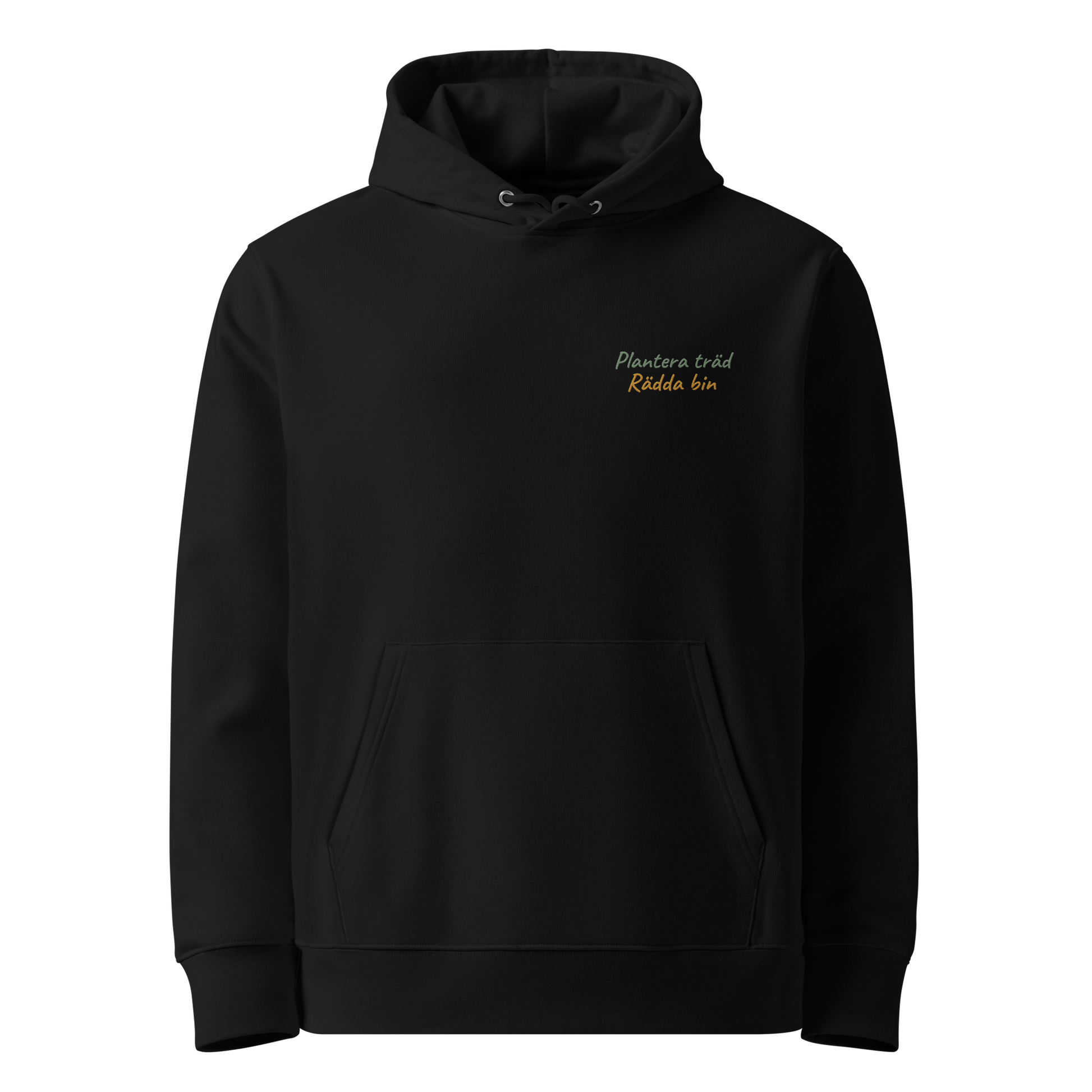 Svart ekologisk unisex hoodie med broderad text "Plantera träd, Rädda bin" på vänster bröst. Hoodien har en känguruficka, dubbla huvlager och en avslappnad passform.
Black unisex eco hoodie with embroidered text "Plantera träd, Rädda bin" on the left chest. The hoodie features a kangaroo pocket, double-layer hood, and relaxed fit.