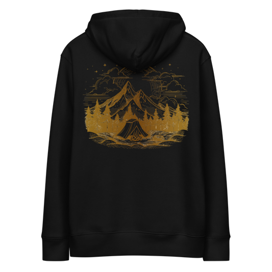 Svart hoodie med ett gult tryck av berg, skog och solnedgång på ryggen. A black hoodie with a yellow print of mountains, forest, and sunset on the back.