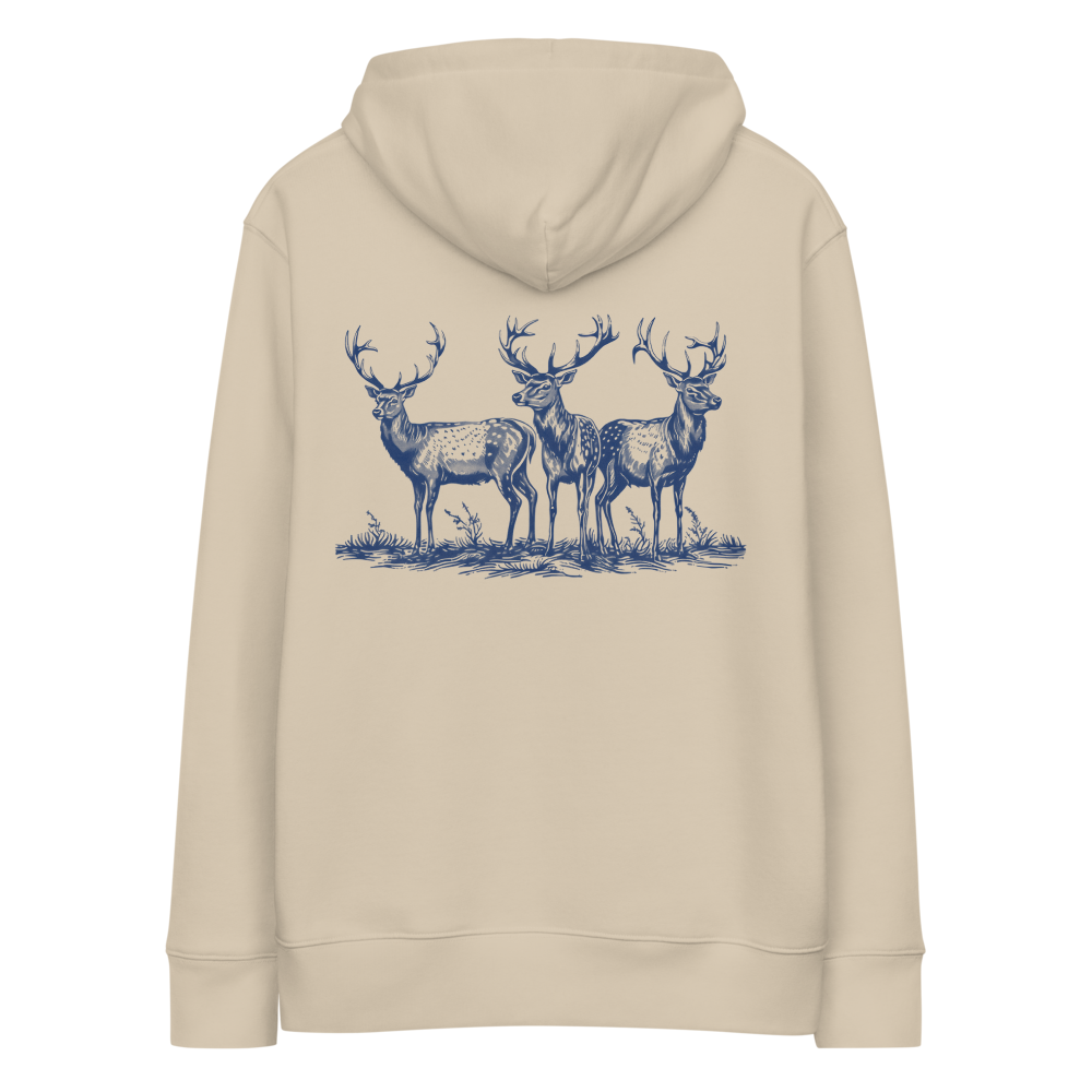 Baksida av sandfärgad unisex ekologisk hoodie med tryckt motiv av tre hjortar.
Back view of sand-colored unisex organic hoodie with a printed design of three deers