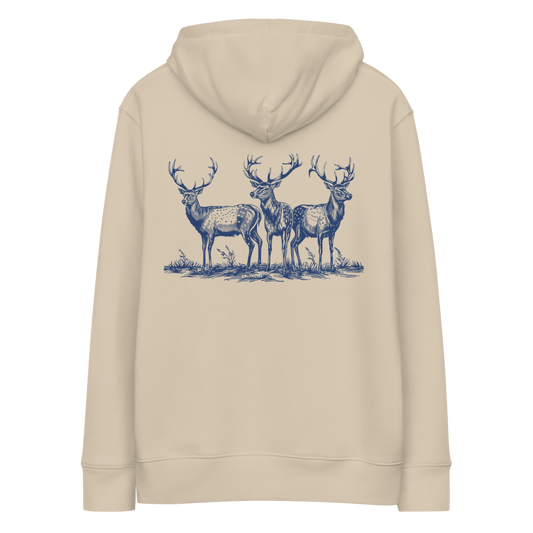 Baksida av sandfärgad unisex ekologisk hoodie med tryckt motiv av tre hjortar.
Back view of sand-colored unisex organic hoodie with a printed design of three deers