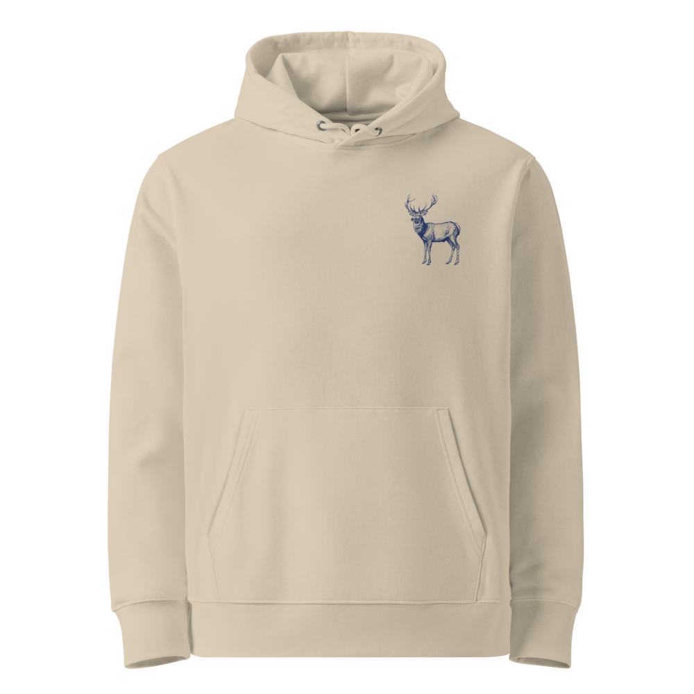 Framsida av sandfärgad unisex ekologisk hoodie med broderad hjort på bröstet.
Front view of sand-colored unisex organic hoodie with embroidered deer on the chest.