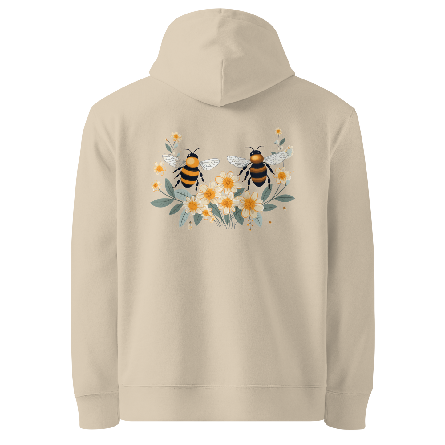 Baksida av sandfärgad unisex ekologisk hoodie med tryck av två bin och gula blommor.
Back view of sand-colored unisex organic hoodie with a print of two bees and yellow flowers.