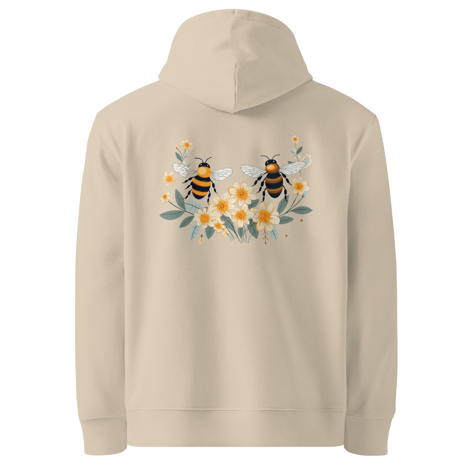 Baksida av sandfärgad unisex ekologisk hoodie med tryck av två bin och gula blommor.
Back view of sand-colored unisex organic hoodie with a print of two bees and yellow flowers.