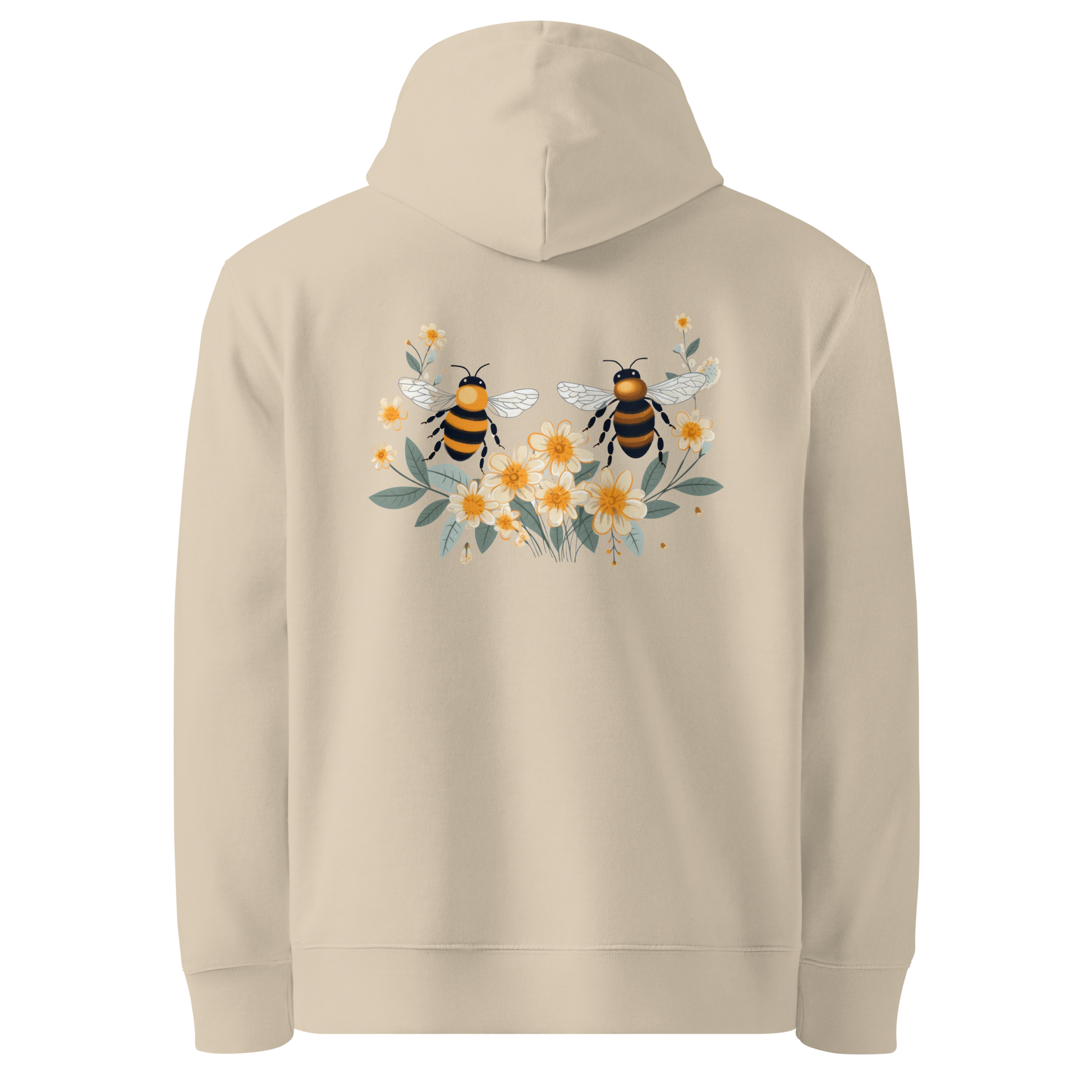 Baksida av sandfärgad unisex ekologisk hoodie med tryck av två bin och gula blommor.
Back view of sand-colored unisex organic hoodie with a print of two bees and yellow flowers.