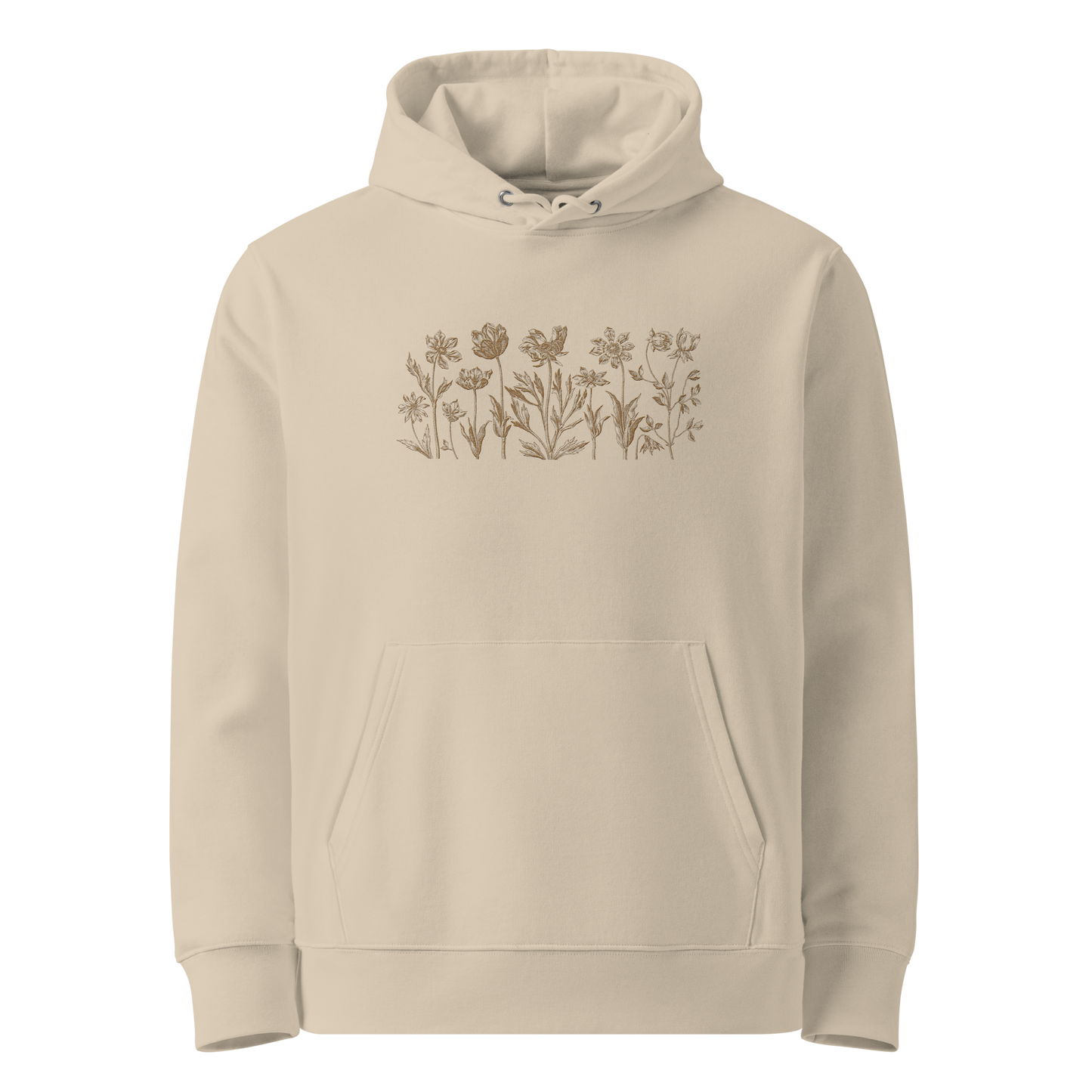 Unisex ekologisk hoodie i sandfärgad nyans med broderade blommor framtill
Desert dust unisex organic hoodie with embroidered flowers in line art style on the front.
