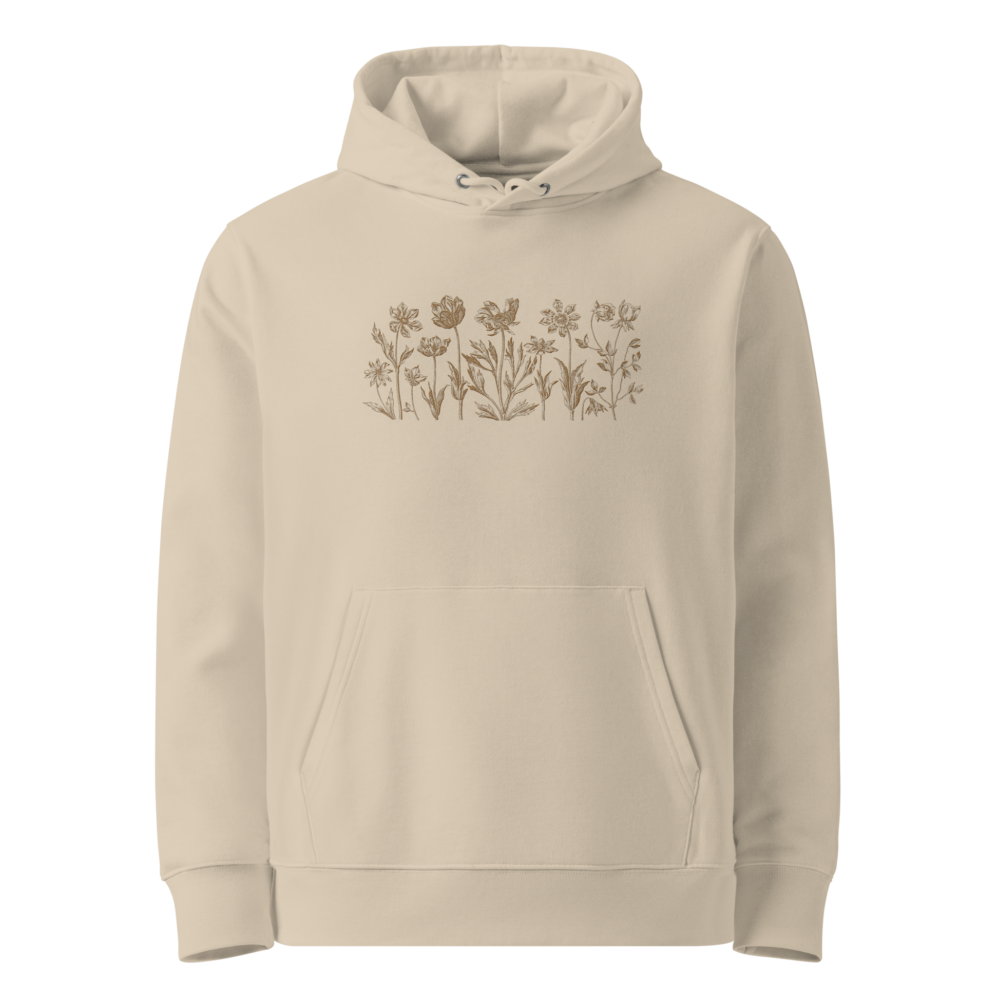 Unisex ekologisk hoodie i sandfärgad nyans med broderade blommor framtill
Desert dust unisex organic hoodie with embroidered flowers in line art style on the front.