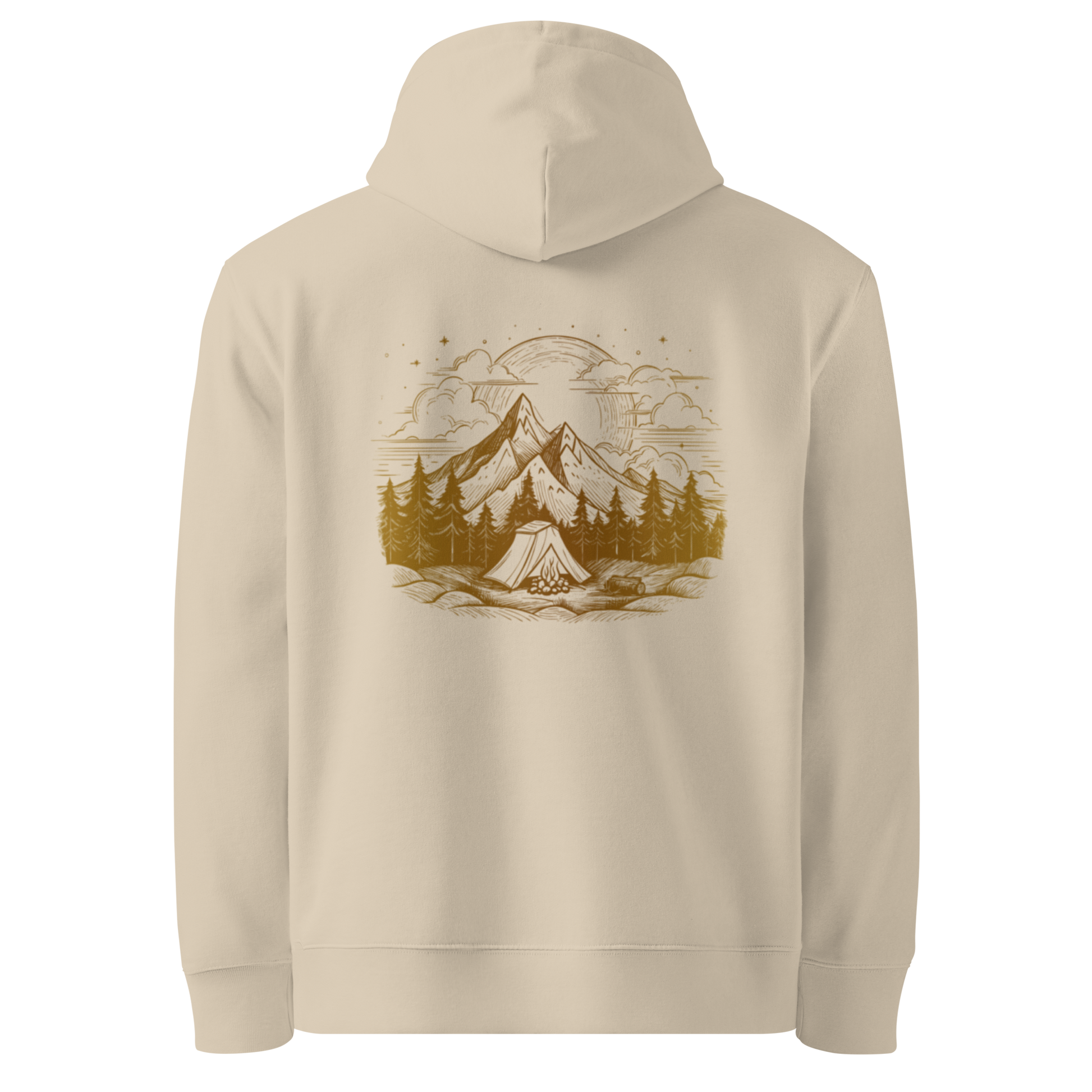 Sandfärgad hoodie med ett gult tryck av berg, skog och solnedgång på ryggen.
Desert dust hoodie with a yellow print of mountains, forest, and sunset on the back.
