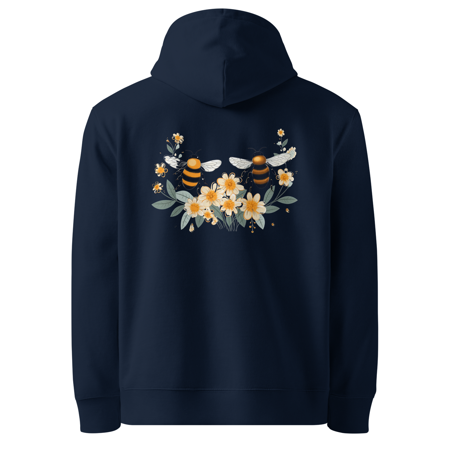 Baksida av marinblå unisex ekologisk hoodie med tryck av två bin och gula blommor.
Back view of navy unisex organic hoodie with a print of two bees and yellow flowers.