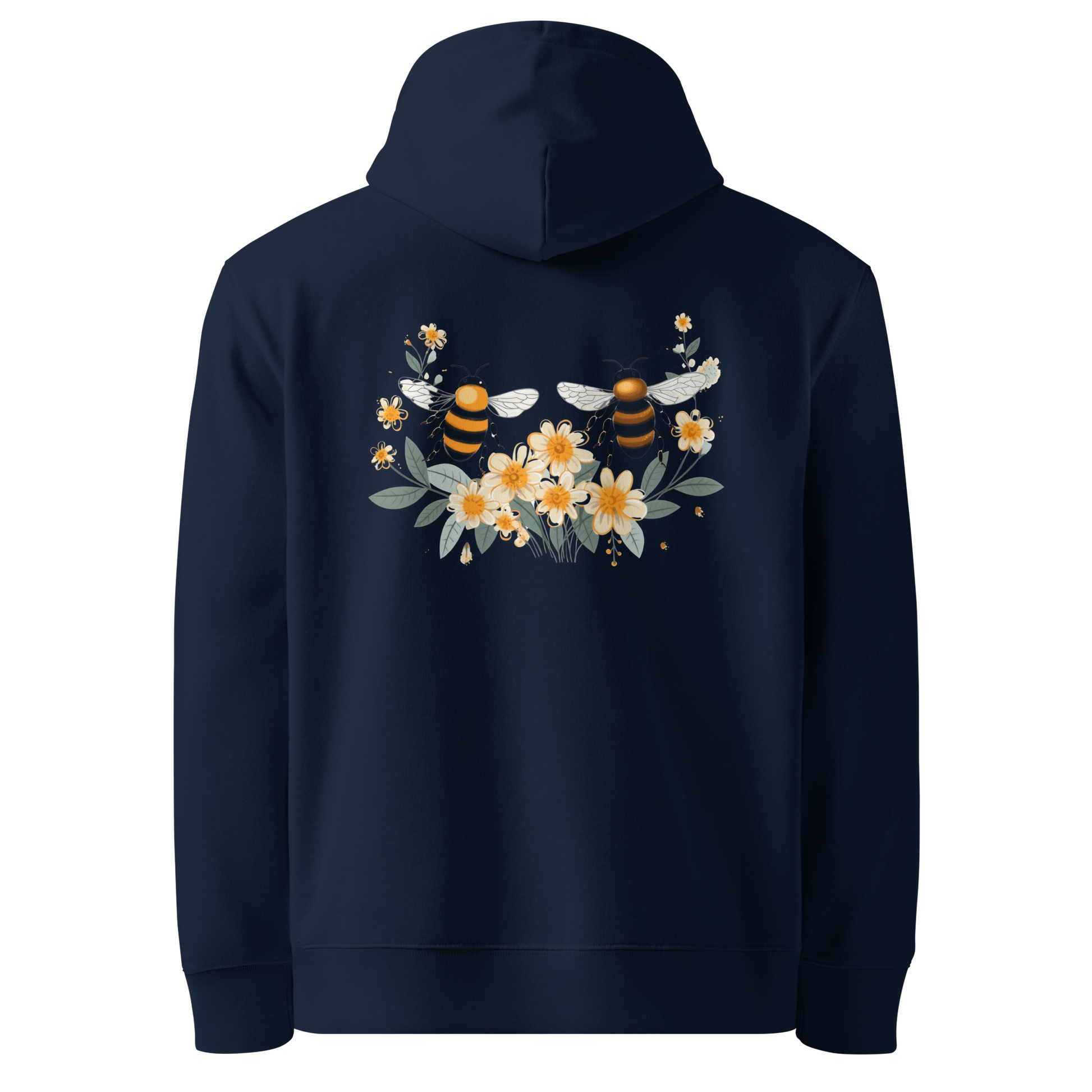 Baksida av marinblå unisex ekologisk hoodie med tryck av två bin och gula blommor.
Back view of navy unisex organic hoodie with a print of two bees and yellow flowers.