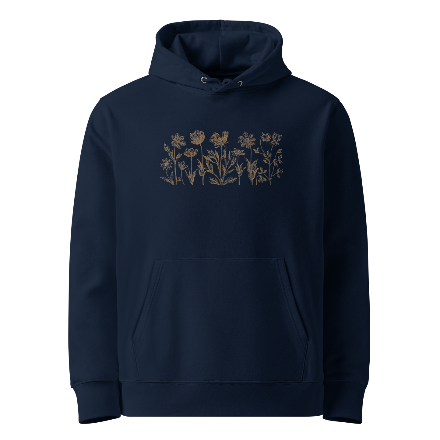 Unisex ekologisk hoodie i marinblått med broderade blommor framtill
French navy unisex organic hoodie with embroidered flowers in line art style on the front.