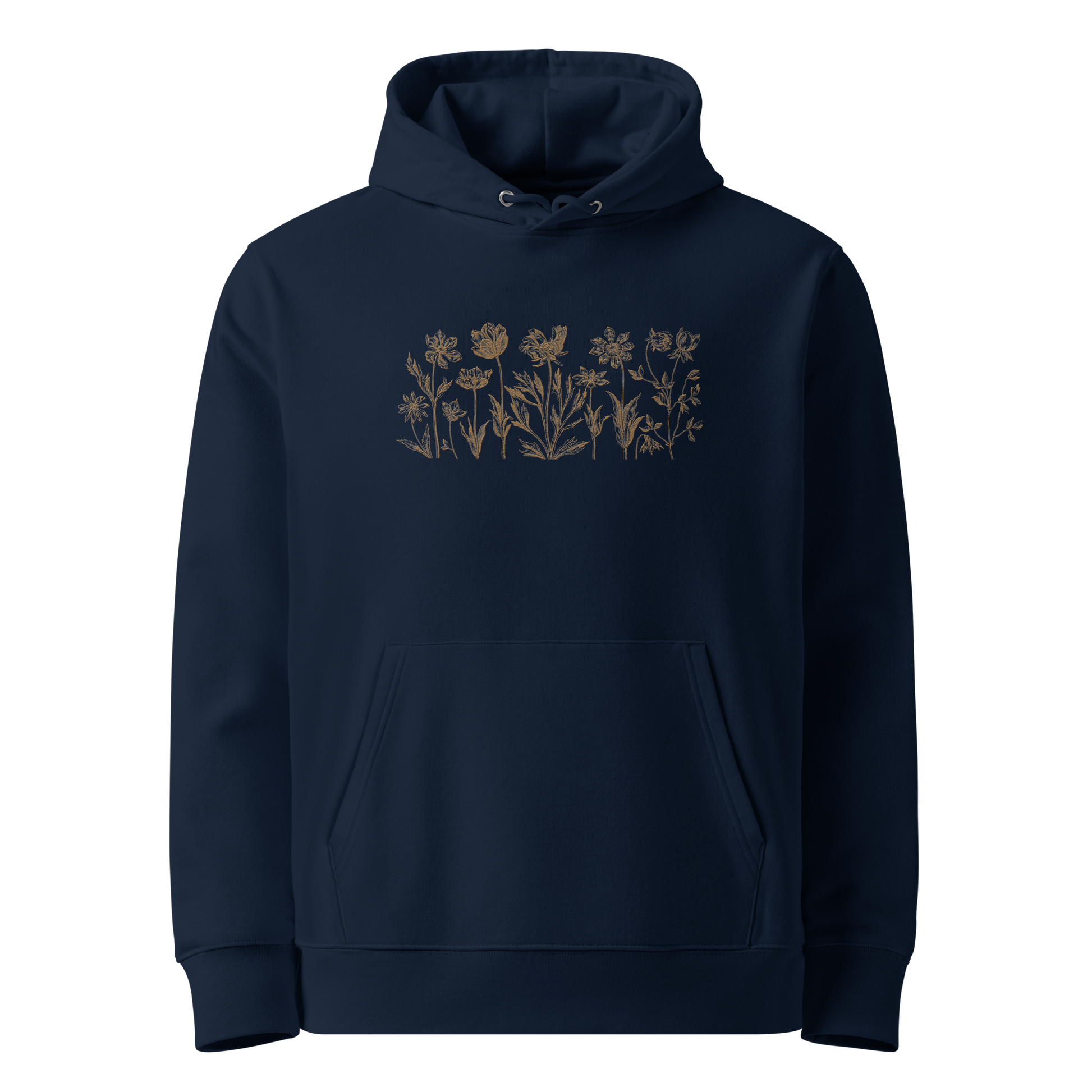 Unisex ekologisk hoodie i marinblått med broderade blommor framtill
French navy unisex organic hoodie with embroidered flowers in line art style on the front.