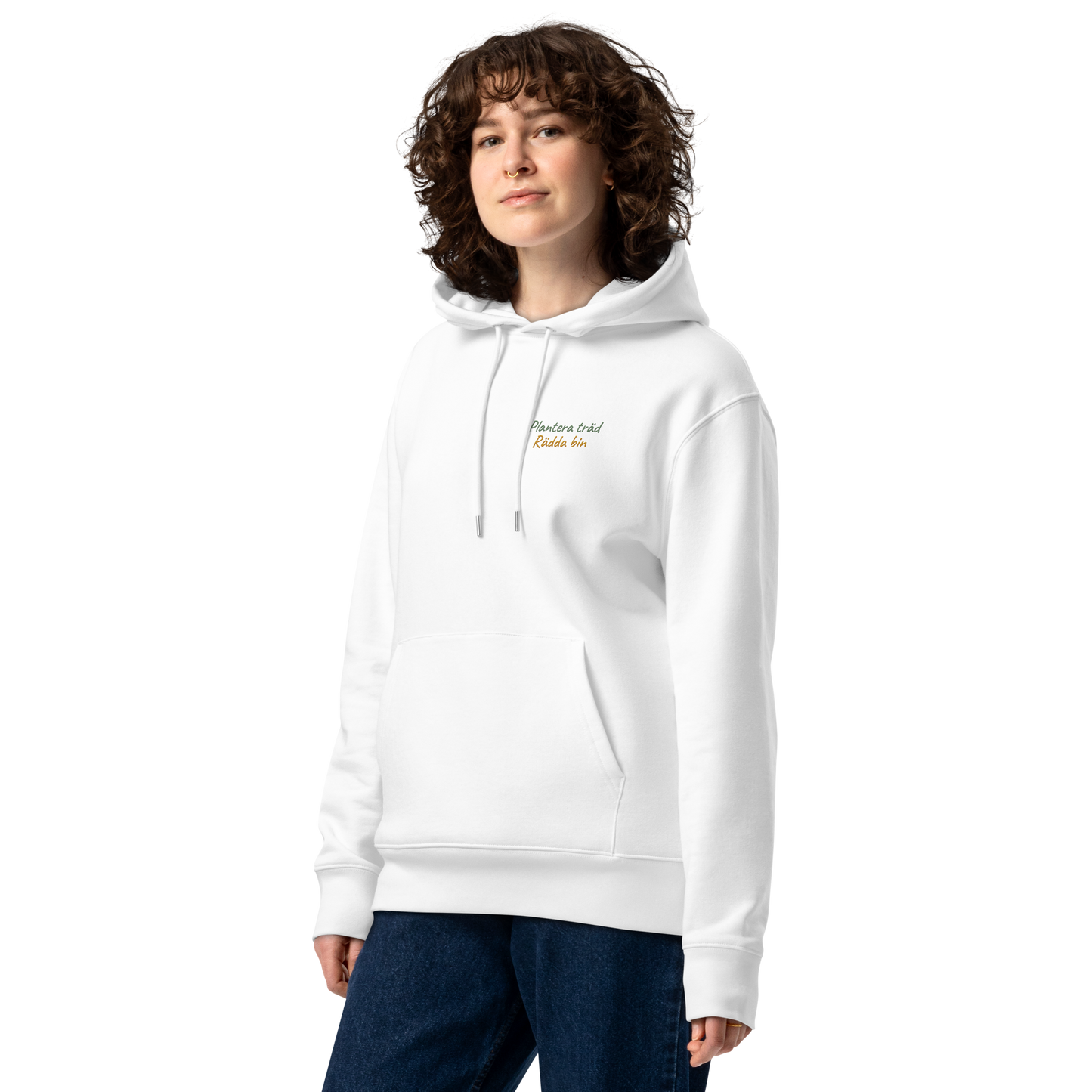 Unisex Essential Eco Hoodie - "Plantera Träd, Rädda Bin" (broderad på bröstet)