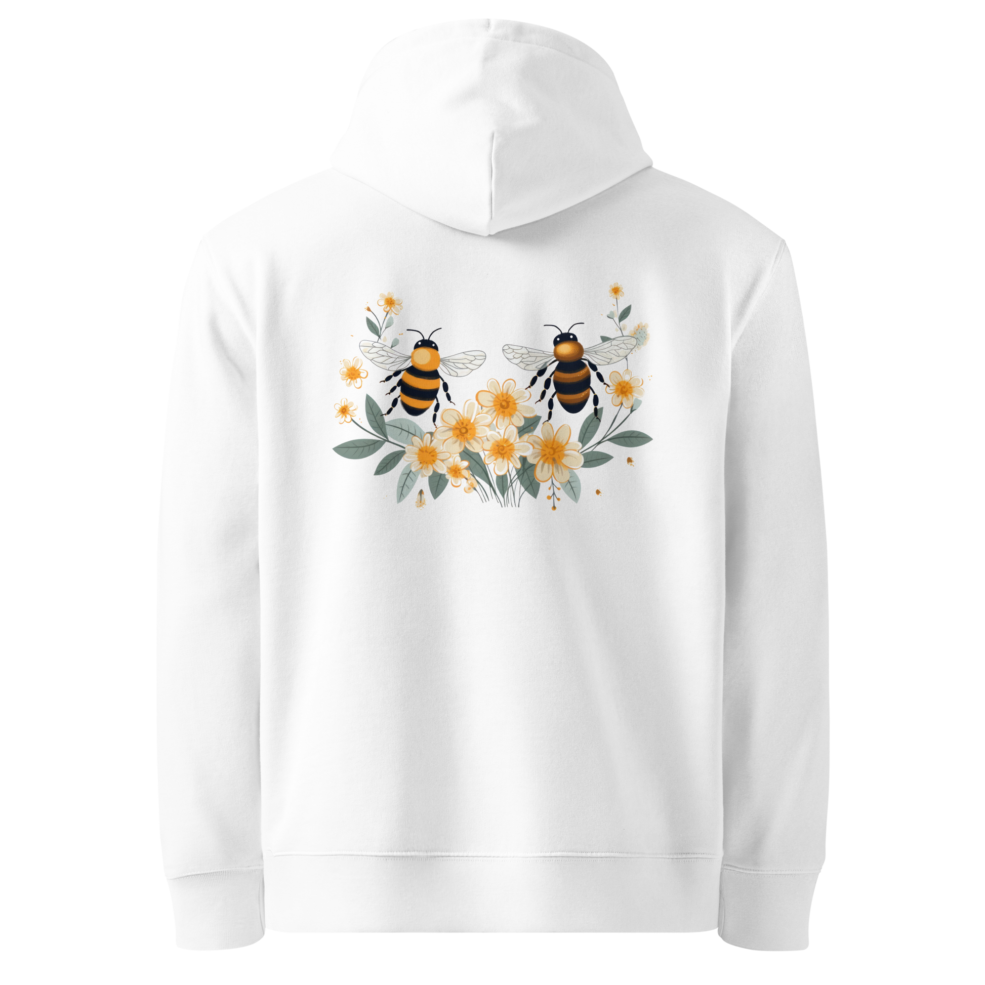 Baksida av vit unisex ekologisk hoodie med tryck av två bin och gula blommor.
Back view of white unisex organic hoodie with a print of two bees and yellow flowers.