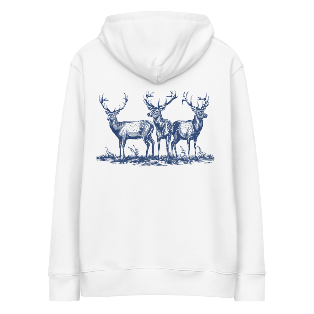 Baksida av vit unisex ekologisk hoodie med tryckt motiv av tre hjortar.
Back view of white unisex organic hoodie with a printed design of three deers.