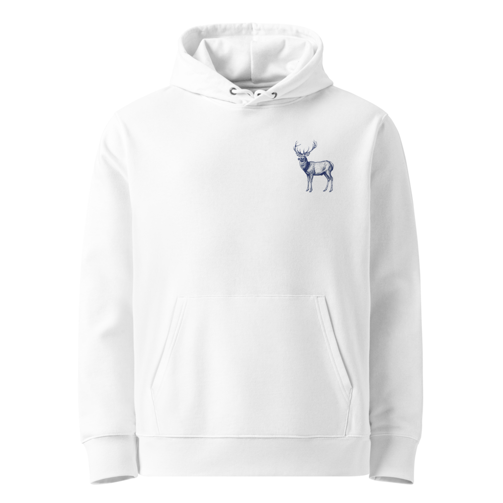 Framsida av vit unisex ekologisk hoodie med broderad hjort på bröstet.
Front view of white unisex organic hoodie with embroidered deer on the chest.