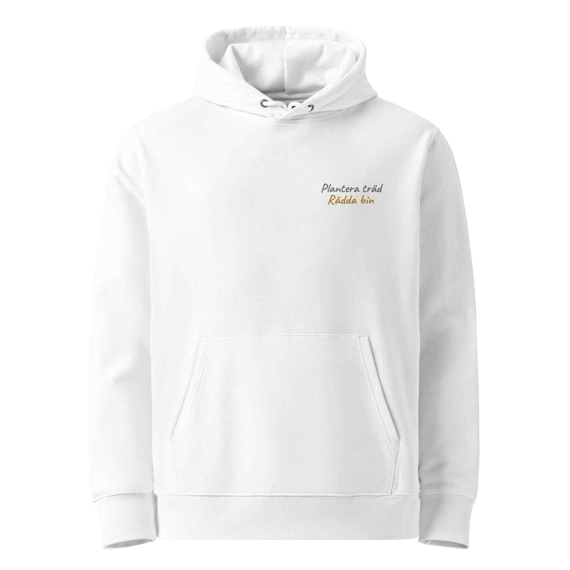 Vit ekologisk unisex hoodie med broderad text "Plantera träd, Rädda bin" på vänster bröst. Hoodien har en känguruficka, dubbla huvlager och en avslappnad passform.
White unisex eco hoodie with embroidered text "Plantera träd, Rädda bin" on the left chest. The hoodie features a kangaroo pocket, double-layer hood, and relaxed fit.