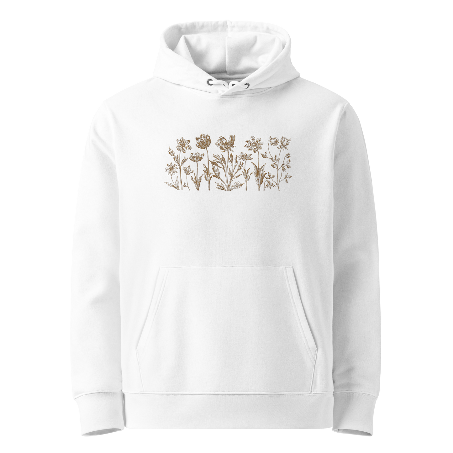 Vit unisex ekologisk hoodie med broderade blommor framtill i linjeteckningsstil.
White unisex organic hoodie with embroidered flowers in line art style on the front.