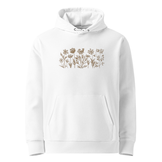 Vit unisex ekologisk hoodie med broderade blommor framtill i linjeteckningsstil.
White unisex organic hoodie with embroidered flowers in line art style on the front.