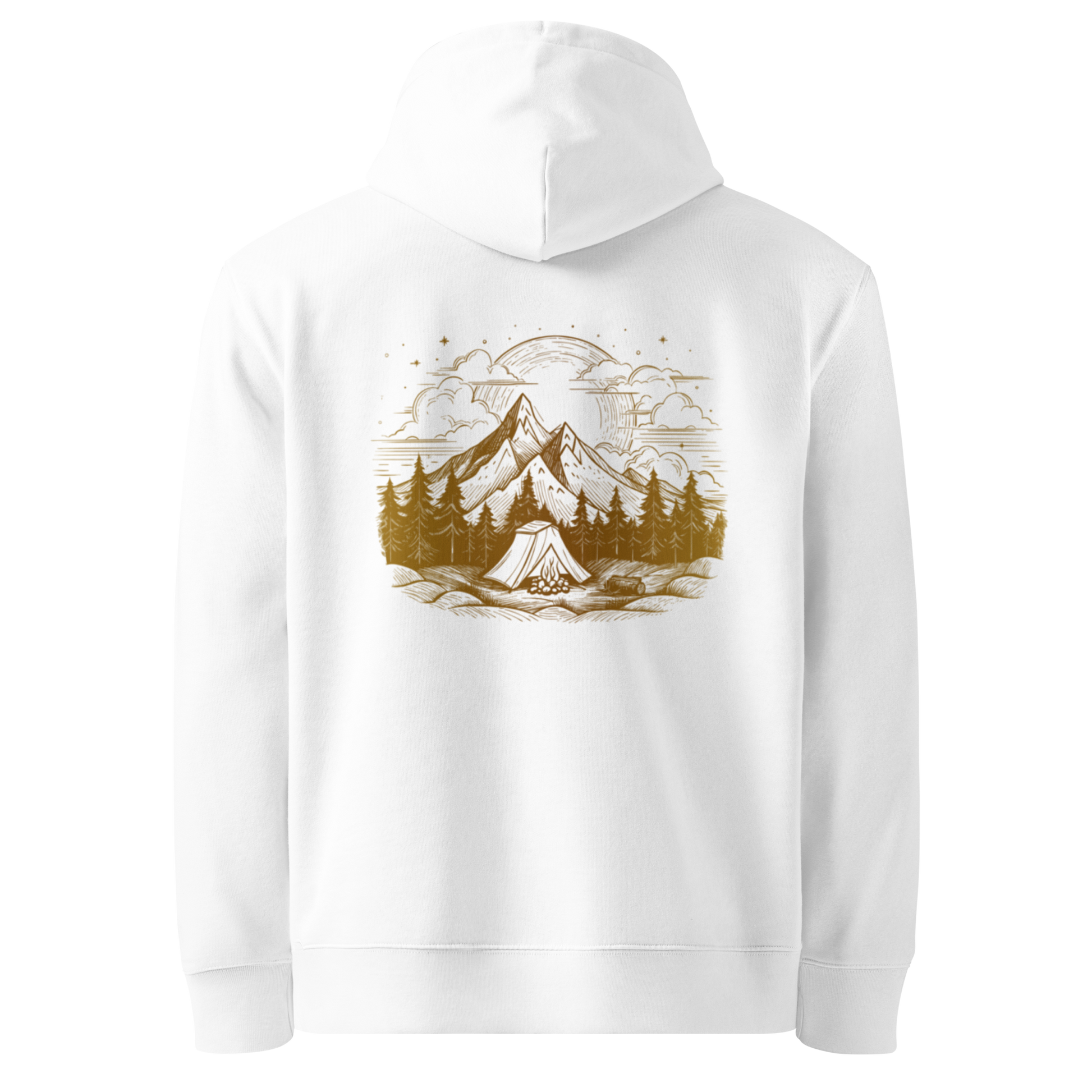 Vit hoodie med ett gult tryck av berg, skog och solnedgång på ryggen. 
White hoodie with a yellow print of mountains, forest, and sunset on the back.