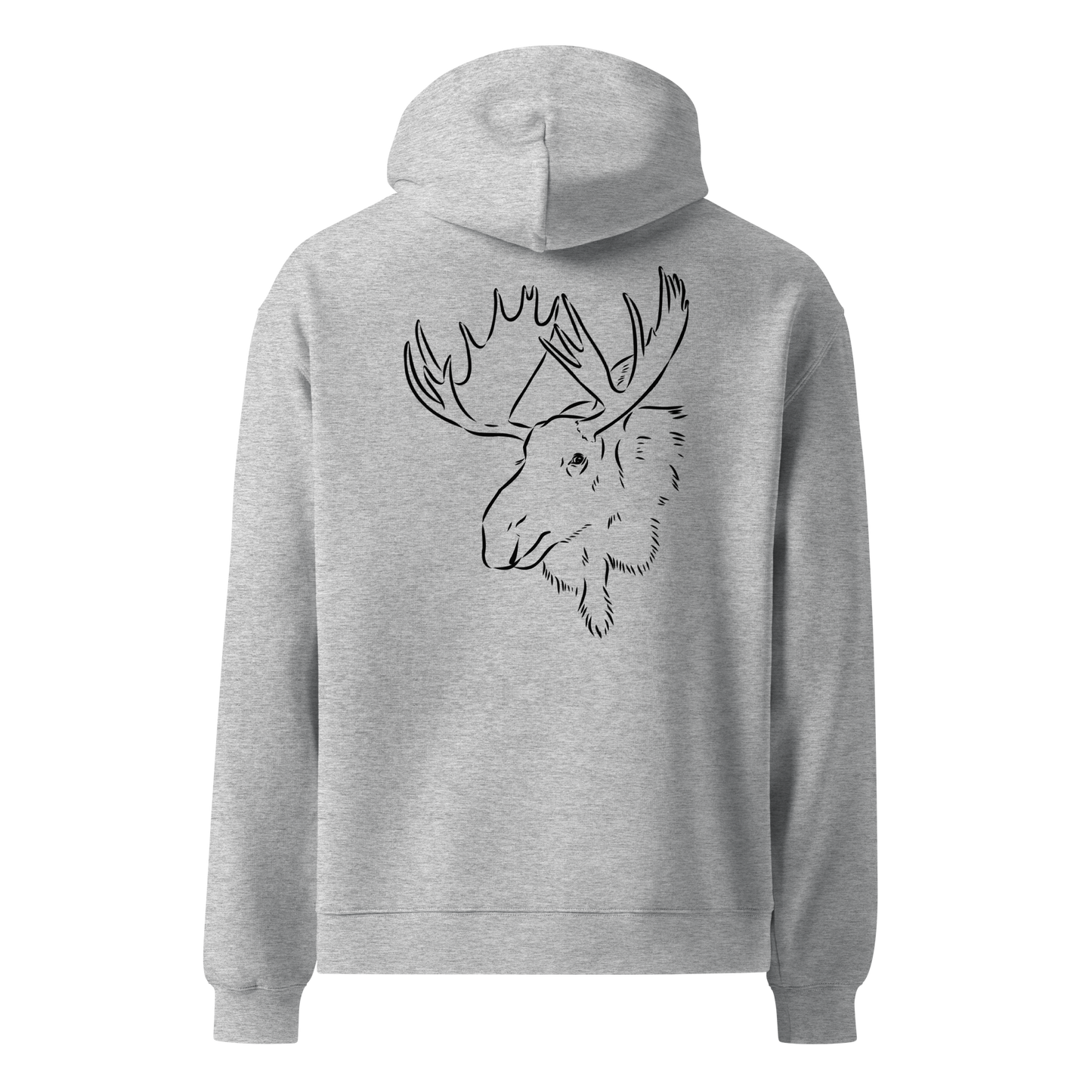 Grå unisex oversized hoodie med handritat älghuvud tryckt på ryggen, naturinspirerad design.
Grey unisex oversized hoodie with hand-drawn moose head print on the back, nature-inspired design.