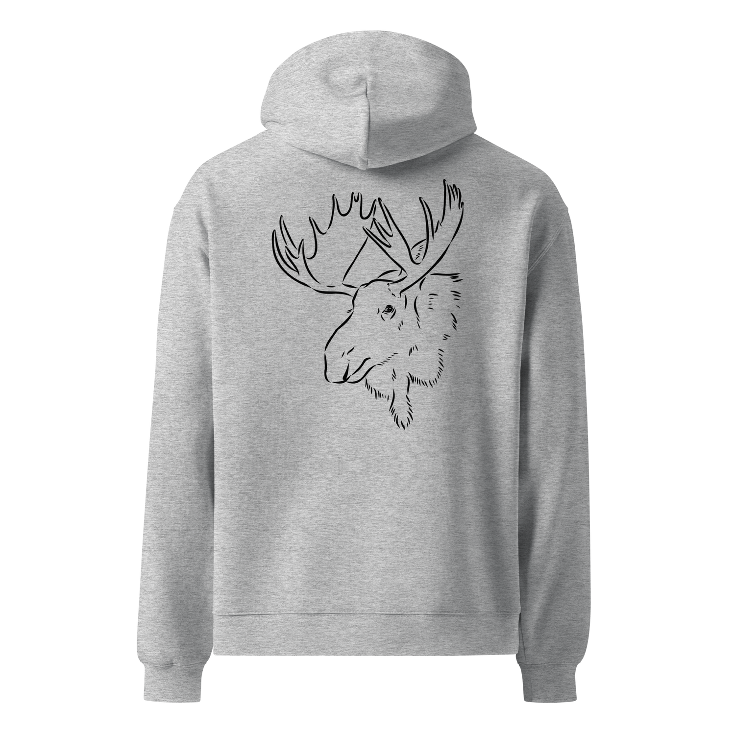 Grå unisex oversized hoodie med handritat älghuvud tryckt på ryggen, naturinspirerad design.
Grey unisex oversized hoodie with hand-drawn moose head print on the back, nature-inspired design.