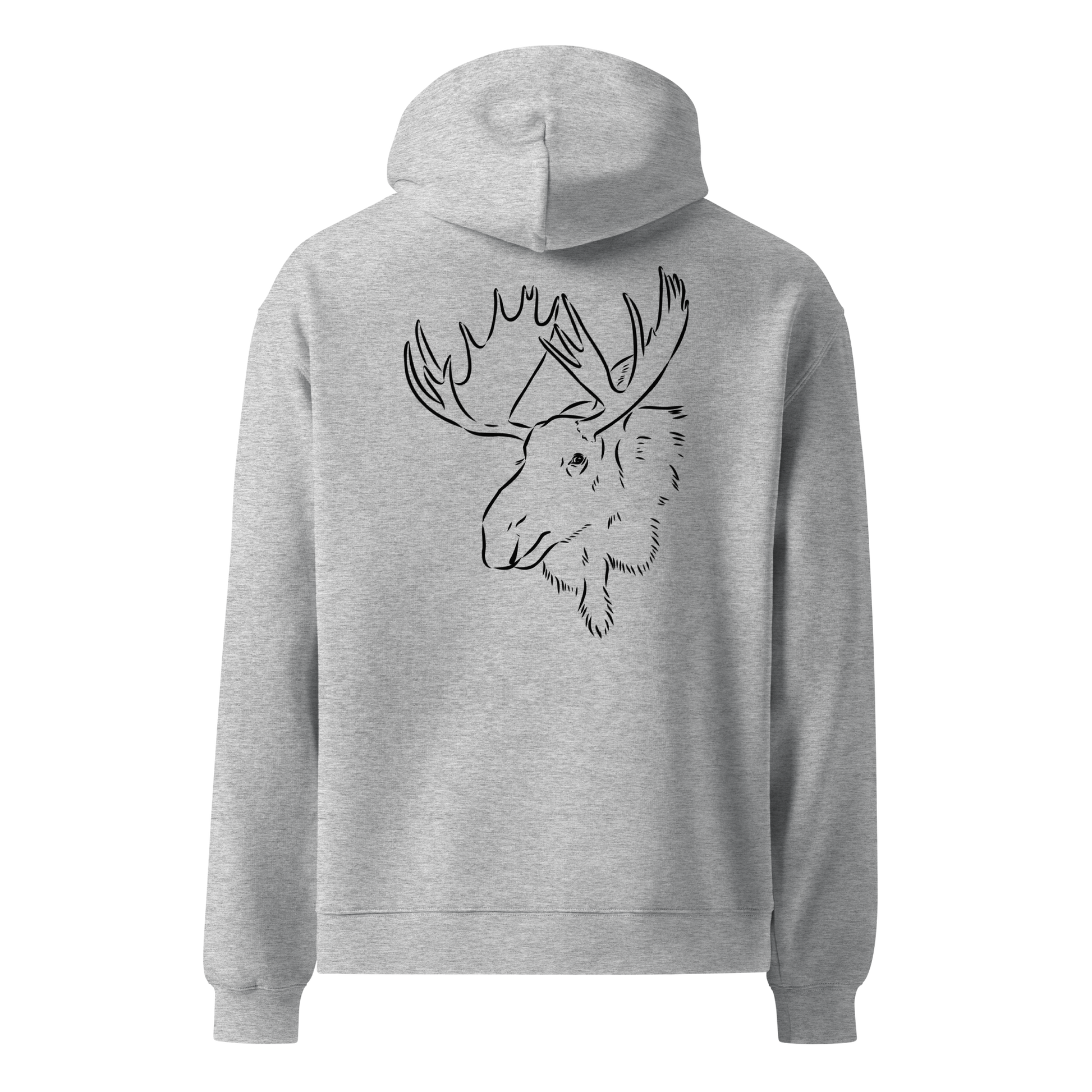 Grå unisex oversized hoodie med handritat älghuvud tryckt på ryggen, naturinspirerad design.
Grey unisex oversized hoodie with hand-drawn moose head print on the back, nature-inspired design.