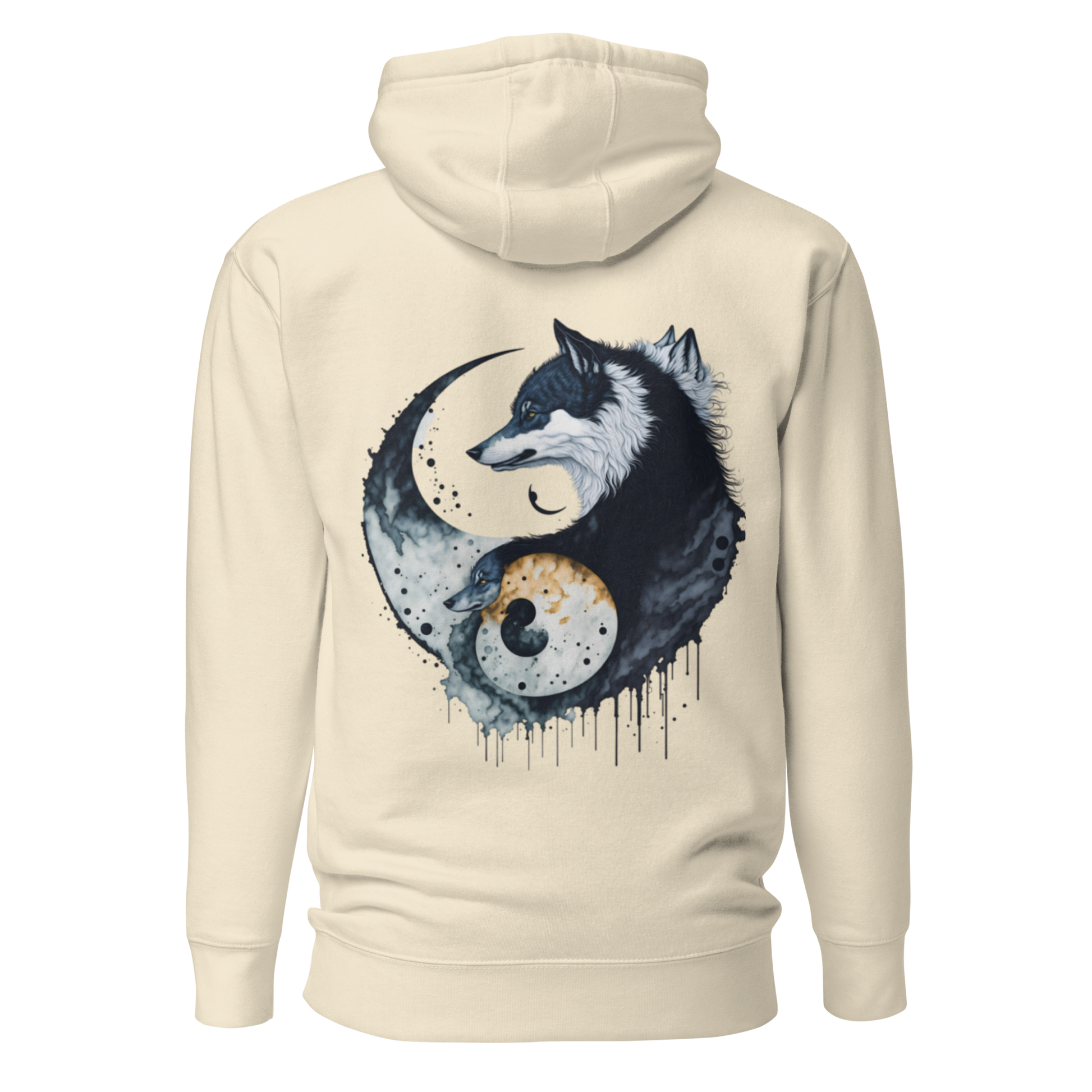 Benvit unisex hoodie med ett konstnärligt yin-yang-motiv av två vargar i mörka och ljusa toner tryckt på ryggen.
Bone unisex hoodie with an artistic yin-yang design featuring two wolves in dark and light tones printed on the back.