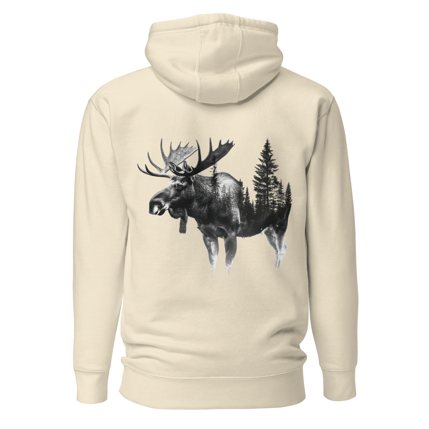 Benvit unisex hoodie med ett svartvitt tryck av en älg med skogssiluett integrerad i kroppen, tryckt på ryggen.
Bone unisex hoodie with a black and white back print of a moose featuring an integrated forest silhouette in its body.