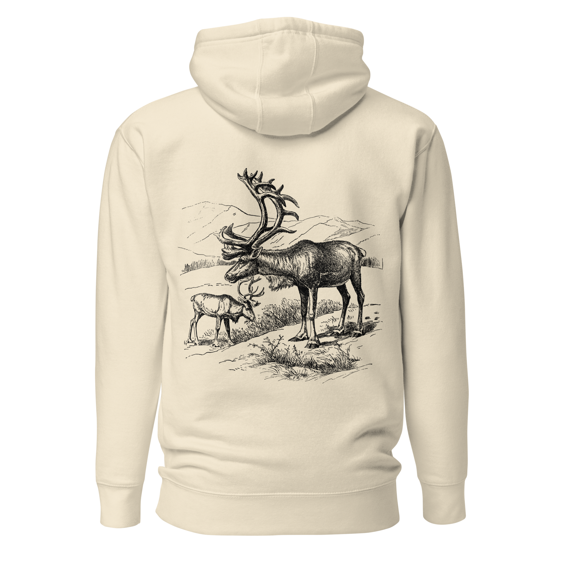 Benvit unisex hoodie med ett detaljerat svartvitt tryck av två fjällrenar i ett bergslandskap på ryggen.
Bone unisex hoodie with a detailed black-and-white print of two mountain reindeer in an alpine landscape on the back.