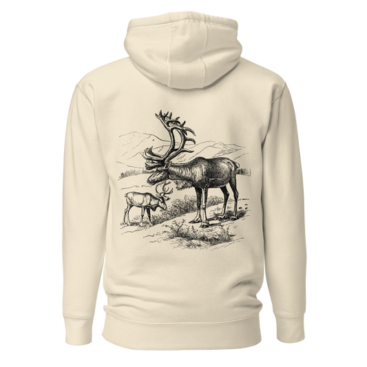 Benvit unisex hoodie med ett detaljerat svartvitt tryck av två fjällrenar i ett bergslandskap på ryggen.
Bone unisex hoodie with a detailed black-and-white print of two mountain reindeer in an alpine landscape on the back.