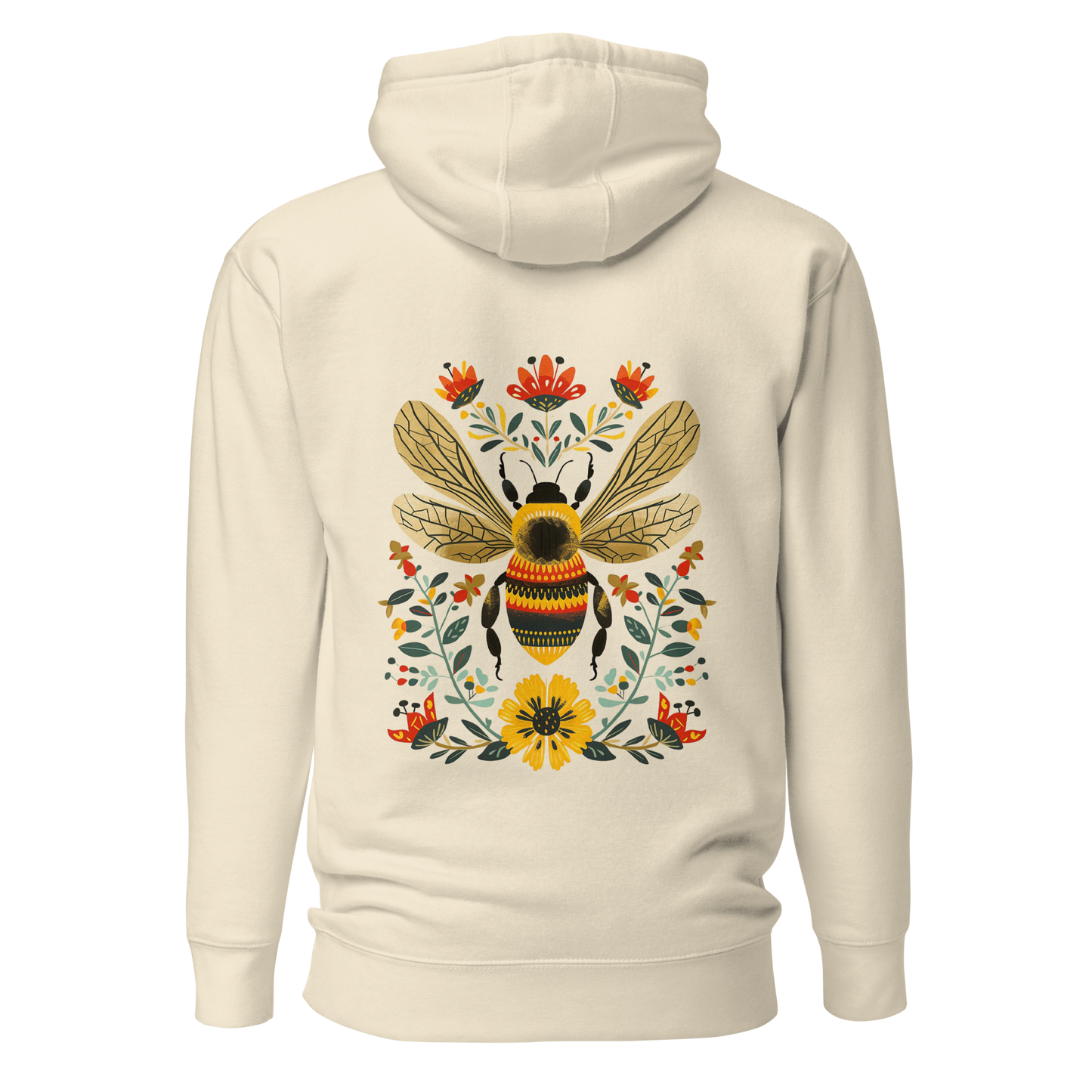 Benvit unisex hoodie med ett färgstarkt handritat bimotiv och blommor i folkart-stil tryckt på ryggen.
Bone unisex hoodie with a colorful hand-drawn bee and floral folk art-style print on the back.