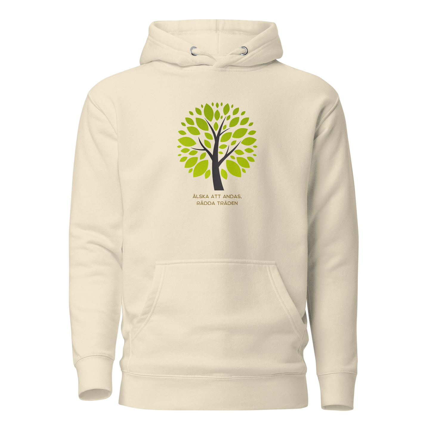 Benvit unisex hoodie med stiliserat träd i gröna nyanser och texten “Älska att andas. Rädda träden.” tryckt på framsidan.
Bone unisex hoodie with a stylized green tree and the text “Love to breathe. Save the trees.” printed on the front.
