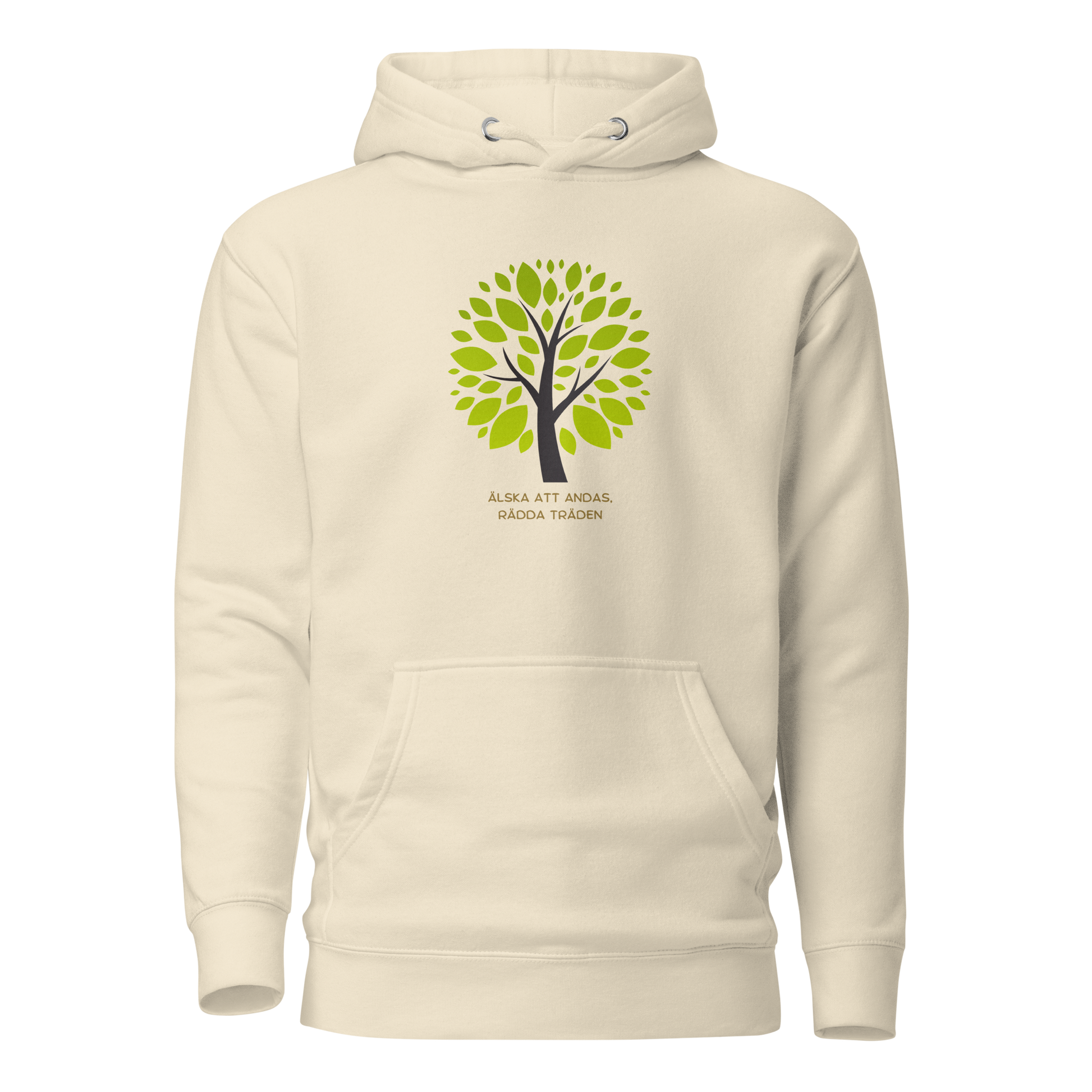 Benvit unisex hoodie med stiliserat träd i gröna nyanser och texten “Älska att andas. Rädda träden.” tryckt på framsidan.
Bone unisex hoodie with a stylized green tree and the text “Love to breathe. Save the trees.” printed on the front.
