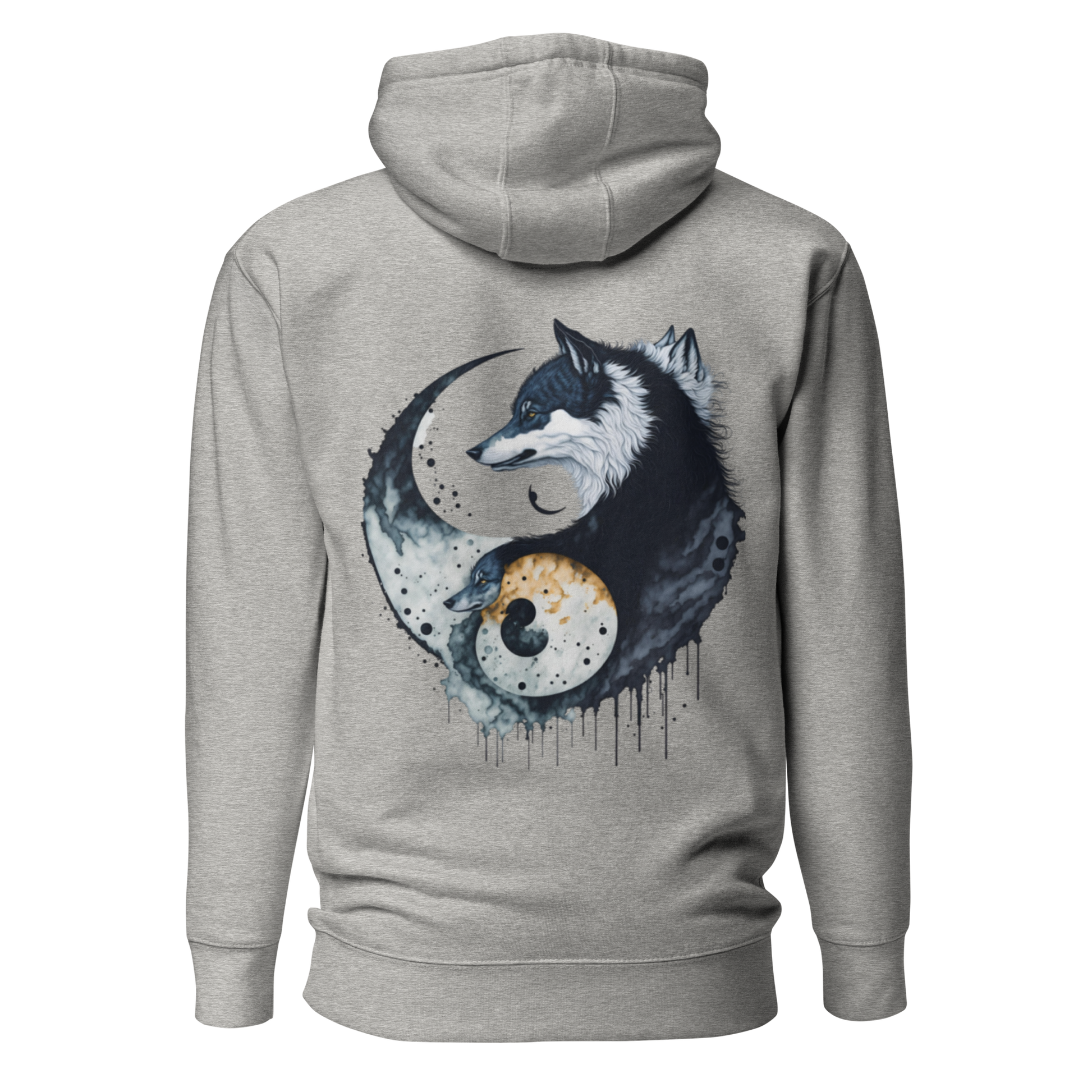 Kolfärgad grå unisex hoodie med ett konstnärligt yin-yang-motiv av två vargar i mörka och ljusa toner tryckt på ryggen.
Carbon grey unisex hoodie with an artistic yin-yang design featuring two wolves in dark and light tones printed on the back.