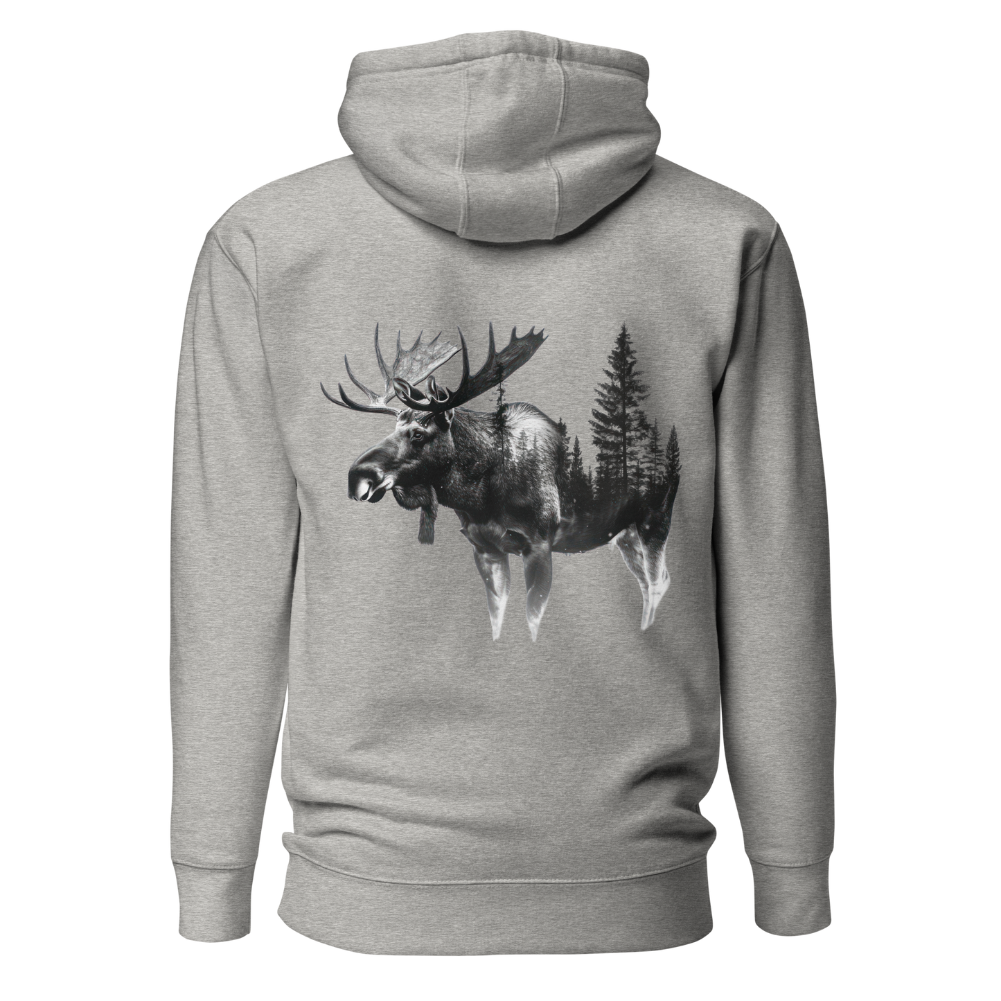 Kolfärgad grå unisex hoodie med ett svartvitt tryck av en älg med skogssiluett integrerad i kroppen, tryckt på ryggen.
Carbon grey unisex hoodie with a black and white back print of a moose featuring an integrated forest silhouette in its body.