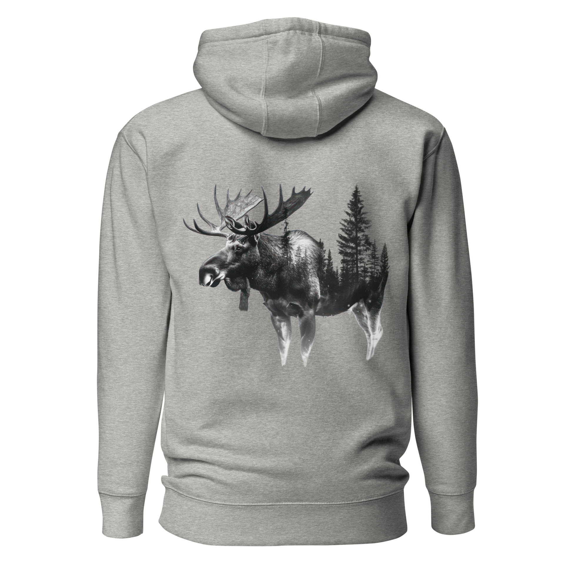 Kolfärgad grå unisex hoodie med ett svartvitt tryck av en älg med skogssiluett integrerad i kroppen, tryckt på ryggen.
Carbon grey unisex hoodie with a black and white back print of a moose featuring an integrated forest silhouette in its body.