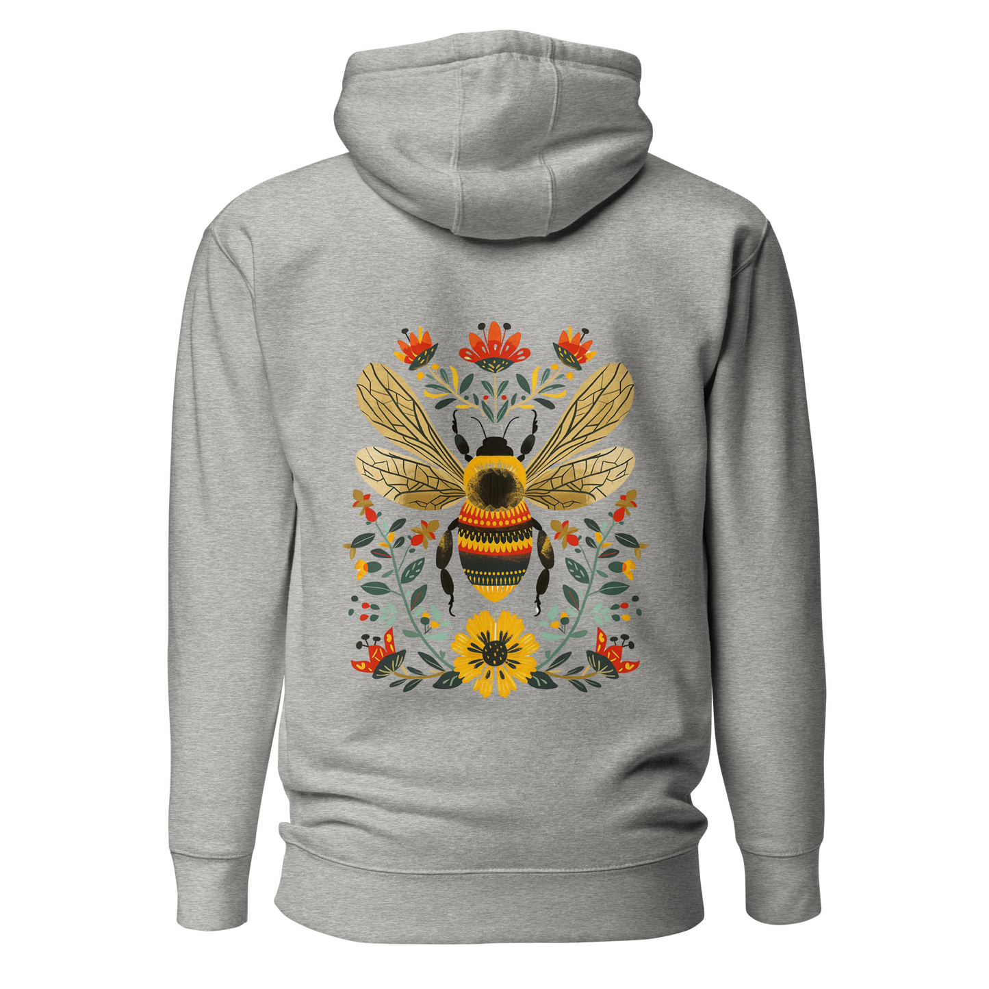 Kolfärgad grå unisex hoodie med ett färgstarkt handritat bimotiv och blommor i folkart-stil tryckt på ryggen.
Carbon grey unisex hoodie with a colorful hand-drawn bee and floral folk art-style print on the back.