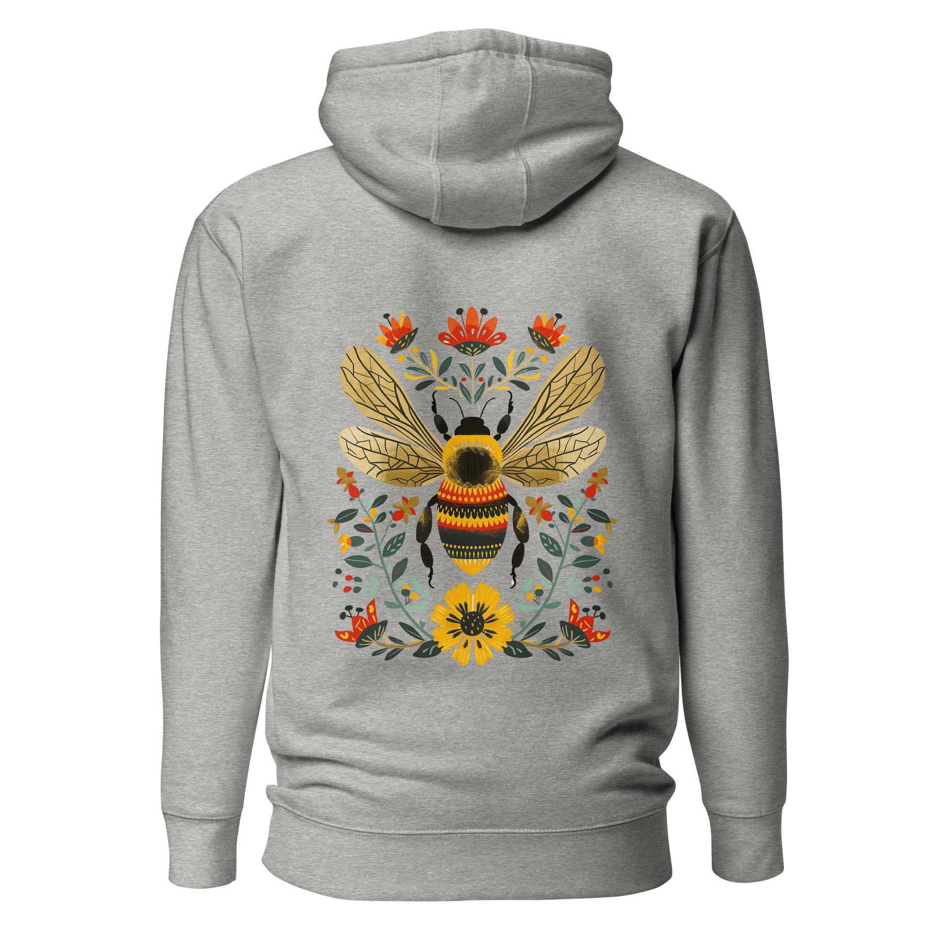 Kolfärgad grå unisex hoodie med ett färgstarkt handritat bimotiv och blommor i folkart-stil tryckt på ryggen.
Carbon grey unisex hoodie with a colorful hand-drawn bee and floral folk art-style print on the back.