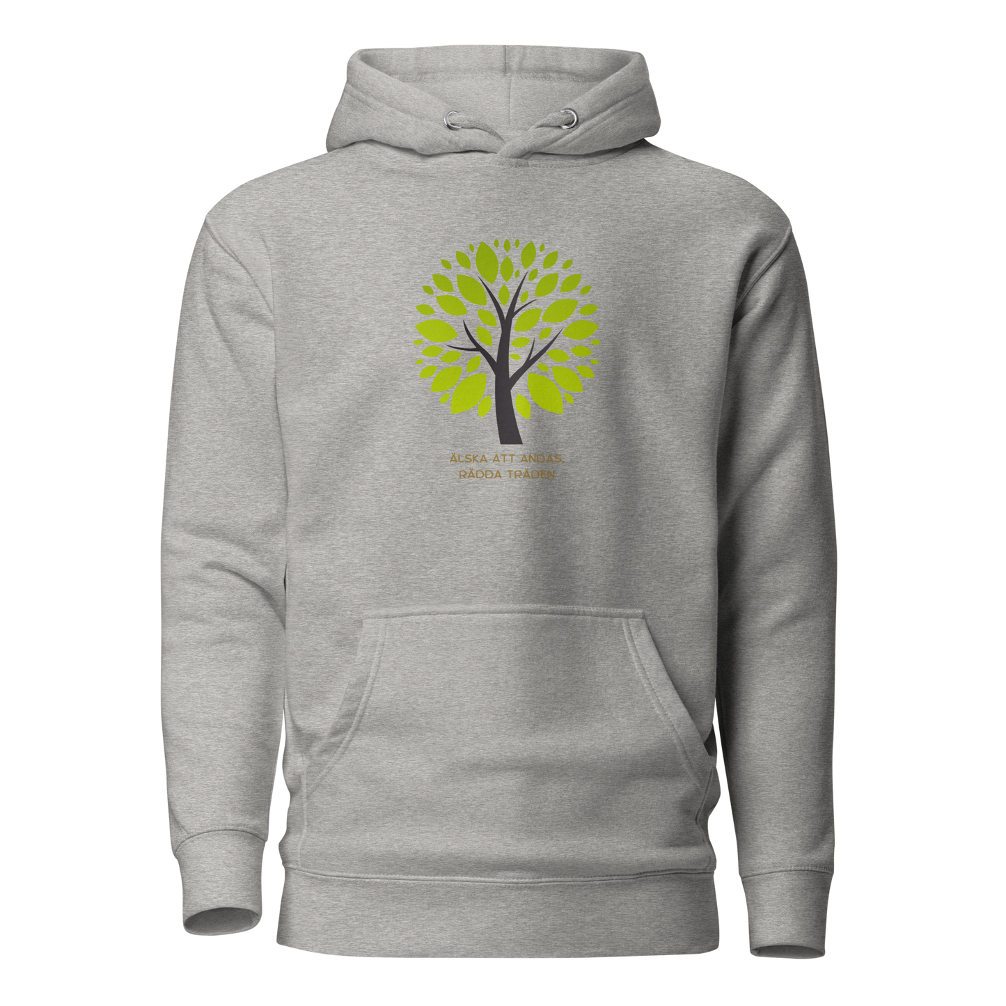 Kolfärgad grå unisex hoodie med stiliserat träd i gröna nyanser och texten “Älska att andas. Rädda träden.” tryckt på framsidan.
Carbon grey unisex hoodie with a stylized green tree and the text “Love to breathe. Save the trees.” printed on the front.