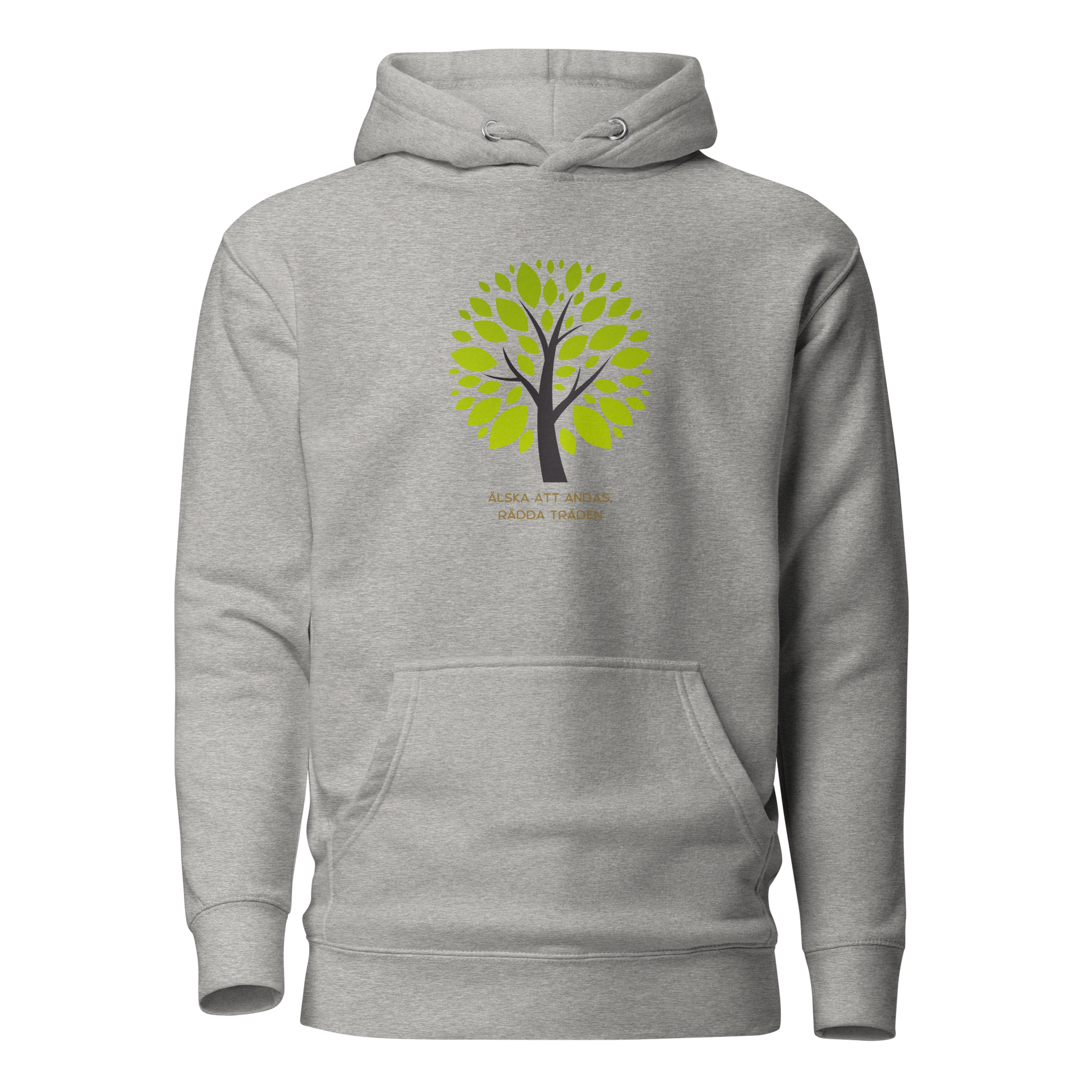 Kolfärgad grå unisex hoodie med stiliserat träd i gröna nyanser och texten “Älska att andas. Rädda träden.” tryckt på framsidan.
Carbon grey unisex hoodie with a stylized green tree and the text “Love to breathe. Save the trees.” printed on the front.