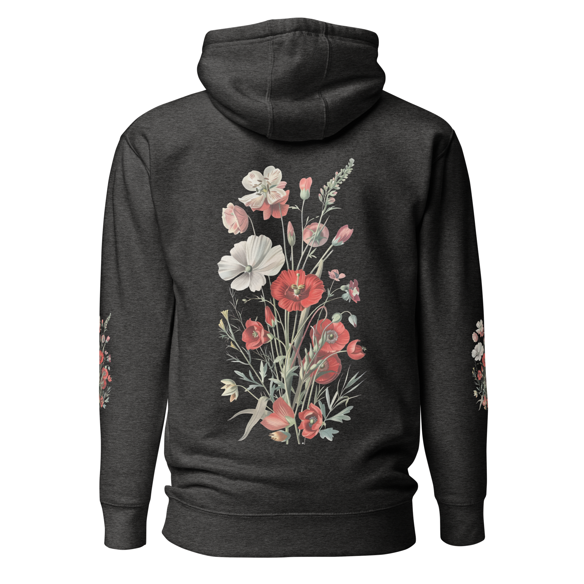 Mörkgråmelerad unisex hoodie med detaljerade röda och vita vilda blommor tryckta på ryggen och båda ärmarna.
Charcoal heather unisex hoodie with detailed red and white wildflowers printed on the back and both sleeves.