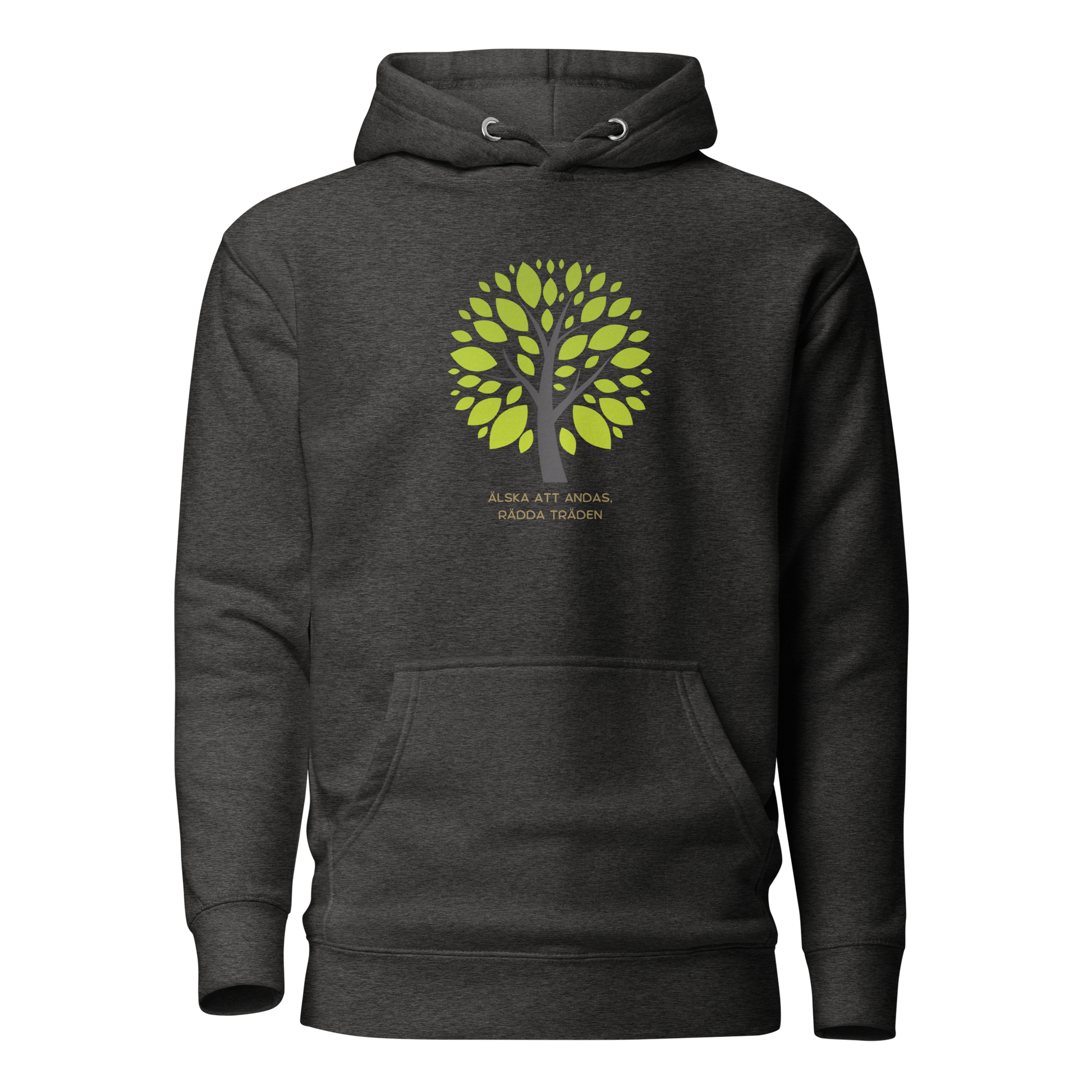 Mörkgråmelerad unisex hoodie med stiliserat träd i gröna nyanser och texten “Älska att andas. Rädda träden.” tryckt på framsidan.
Charcoal heather unisex hoodie with a stylized green tree and the text “Love to breathe. Save the trees.” printed on the front.