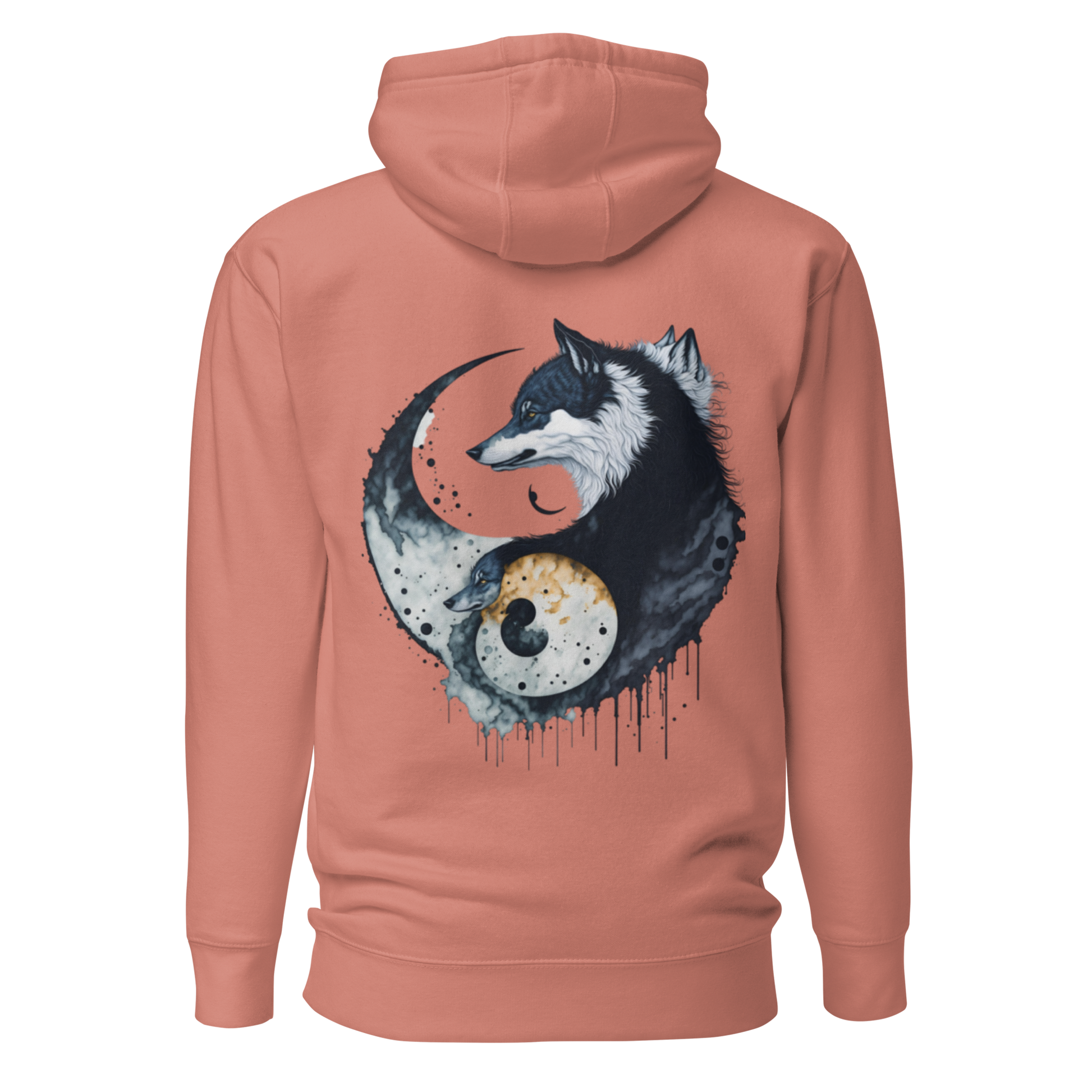 Gammelrosa unisex hoodie med ett konstnärligt yin-yang-motiv av två vargar i mörka och ljusa toner tryckt på ryggen.
Dusty rose unisex hoodie with an artistic yin-yang design featuring two wolves in dark and light tones printed on the back.