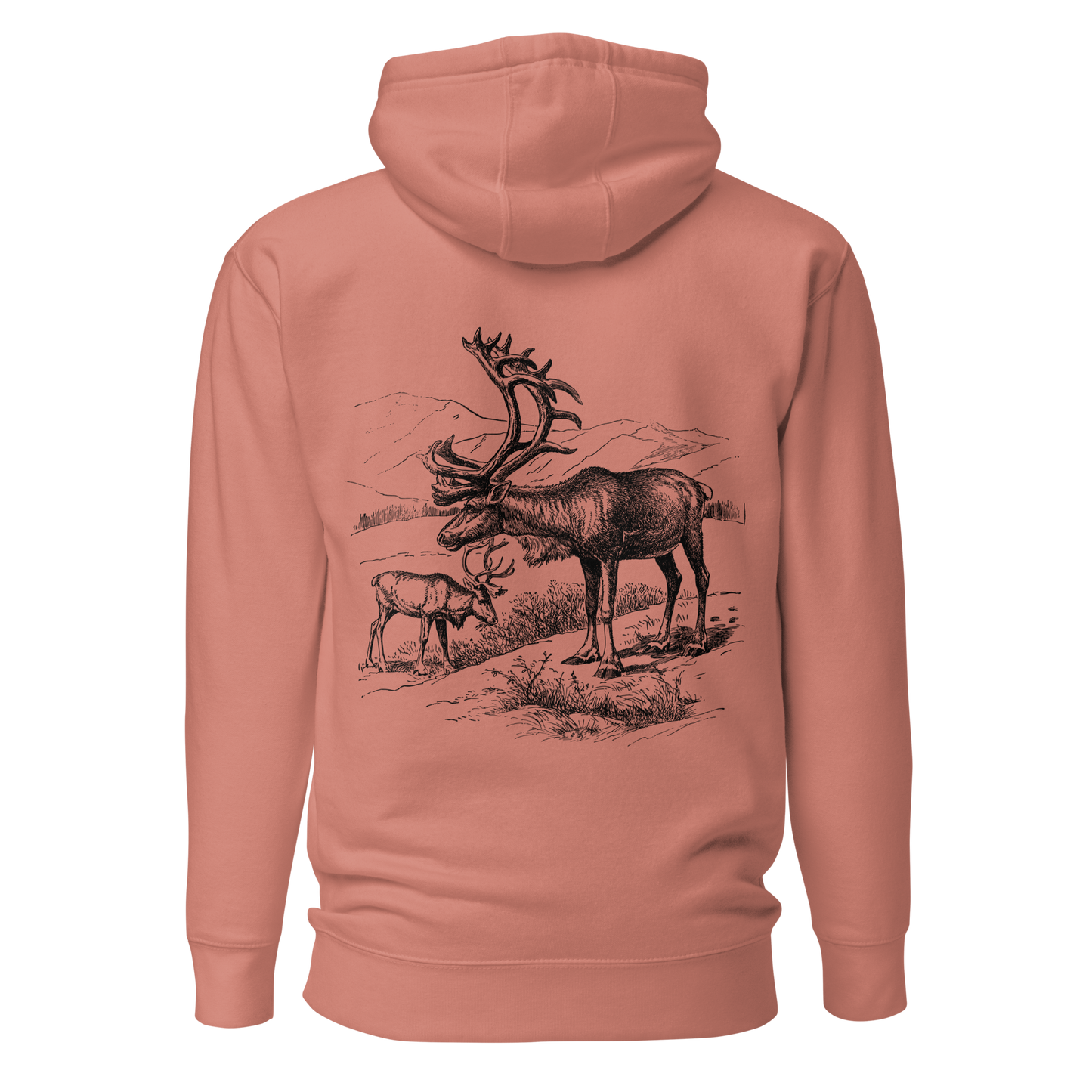 Gammelrosa unisex hoodie med ett detaljerat svartvitt tryck av två fjällrenar i ett bergslandskap på ryggen.
Dusty rose unisex hoodie with a detailed black-and-white print of two mountain reindeer in an alpine landscape on the back.