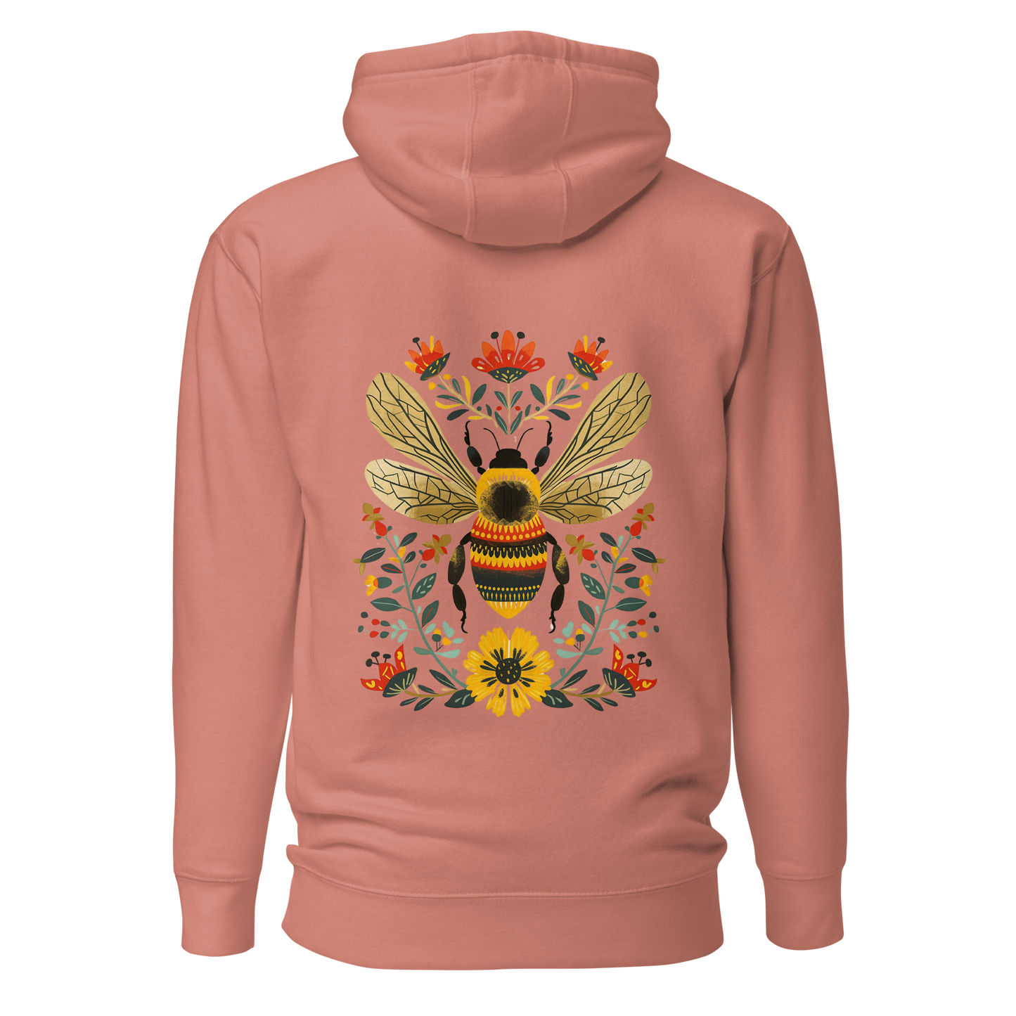 Gammelrosa unisex hoodie med ett färgstarkt handritat bimotiv och blommor i folkart-stil tryckt på ryggen.
Dusty rose unisex hoodie with a colorful hand-drawn bee and floral folk art-style print on the back.