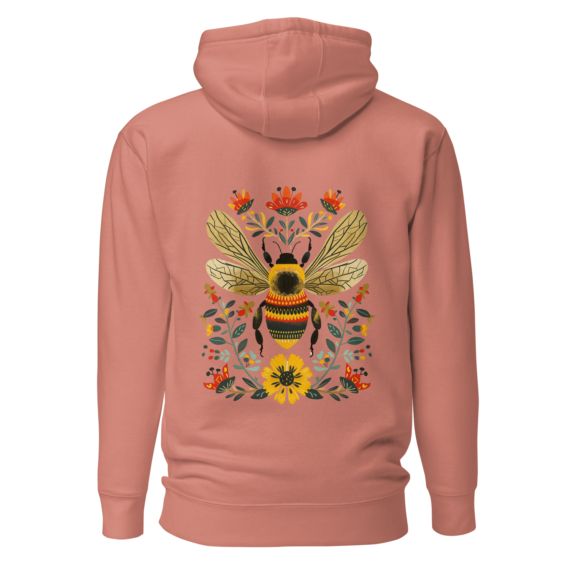 Gammelrosa unisex hoodie med ett färgstarkt handritat bimotiv och blommor i folkart-stil tryckt på ryggen.
Dusty rose unisex hoodie with a colorful hand-drawn bee and floral folk art-style print on the back.