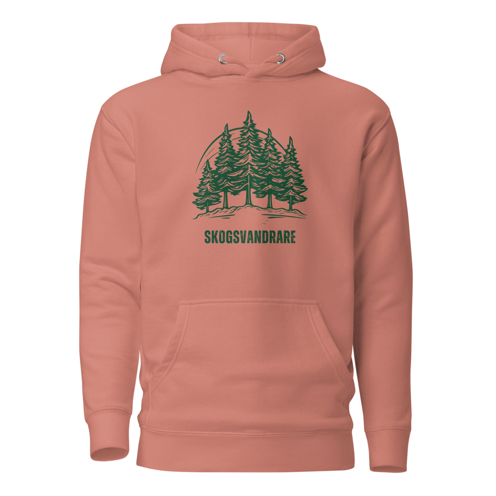 Gammelrosa unisex hoodie med ett grönt granmotiv och texten “Skogsvandrare” tryckt på framsidan.
Dusty rose unisex hoodie with a green pine tree design and the text “Skogsvandrare” printed on the front.